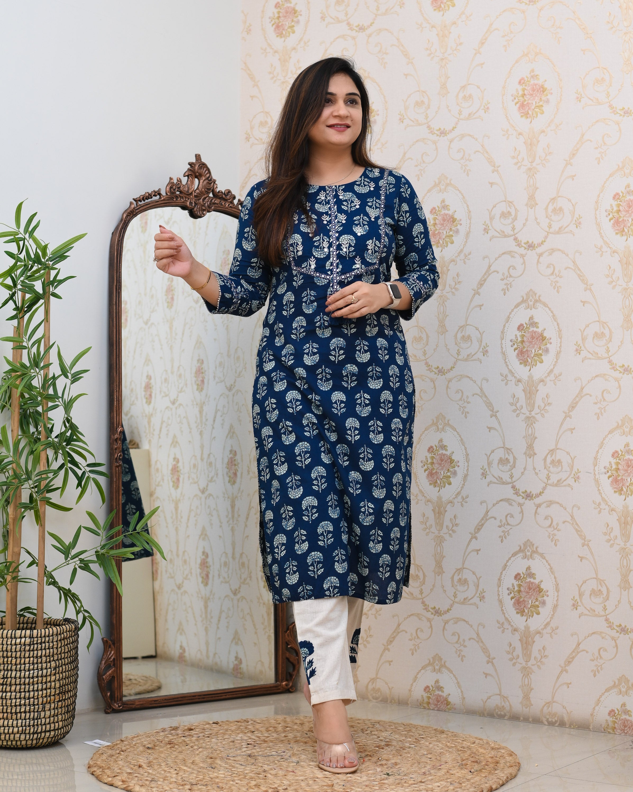 Indigo Cotton Embroidered Casual Pant Set