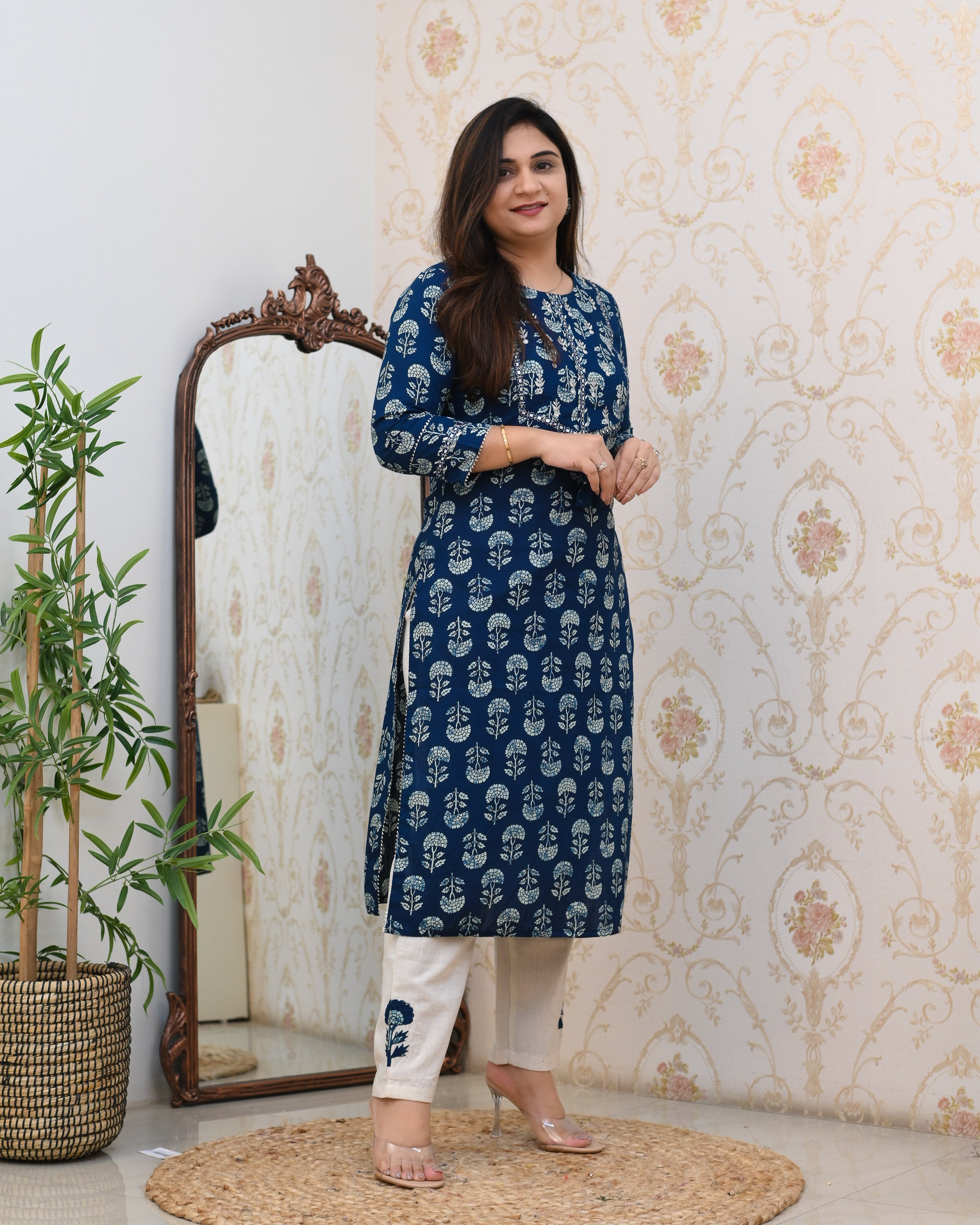 Indigo Cotton Embroidered Casual Pant Set