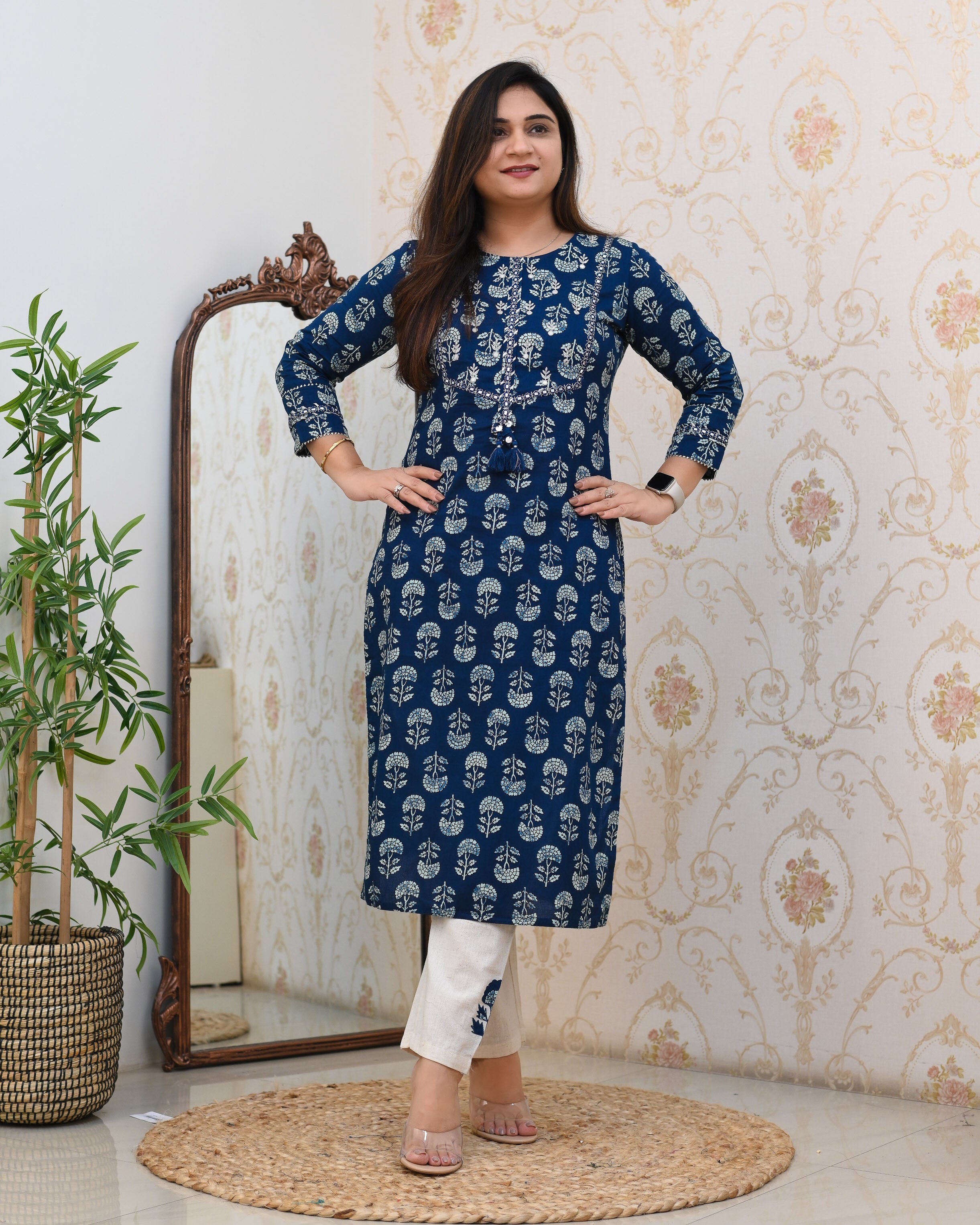 Indigo Cotton Embroidered Casual Pant Set