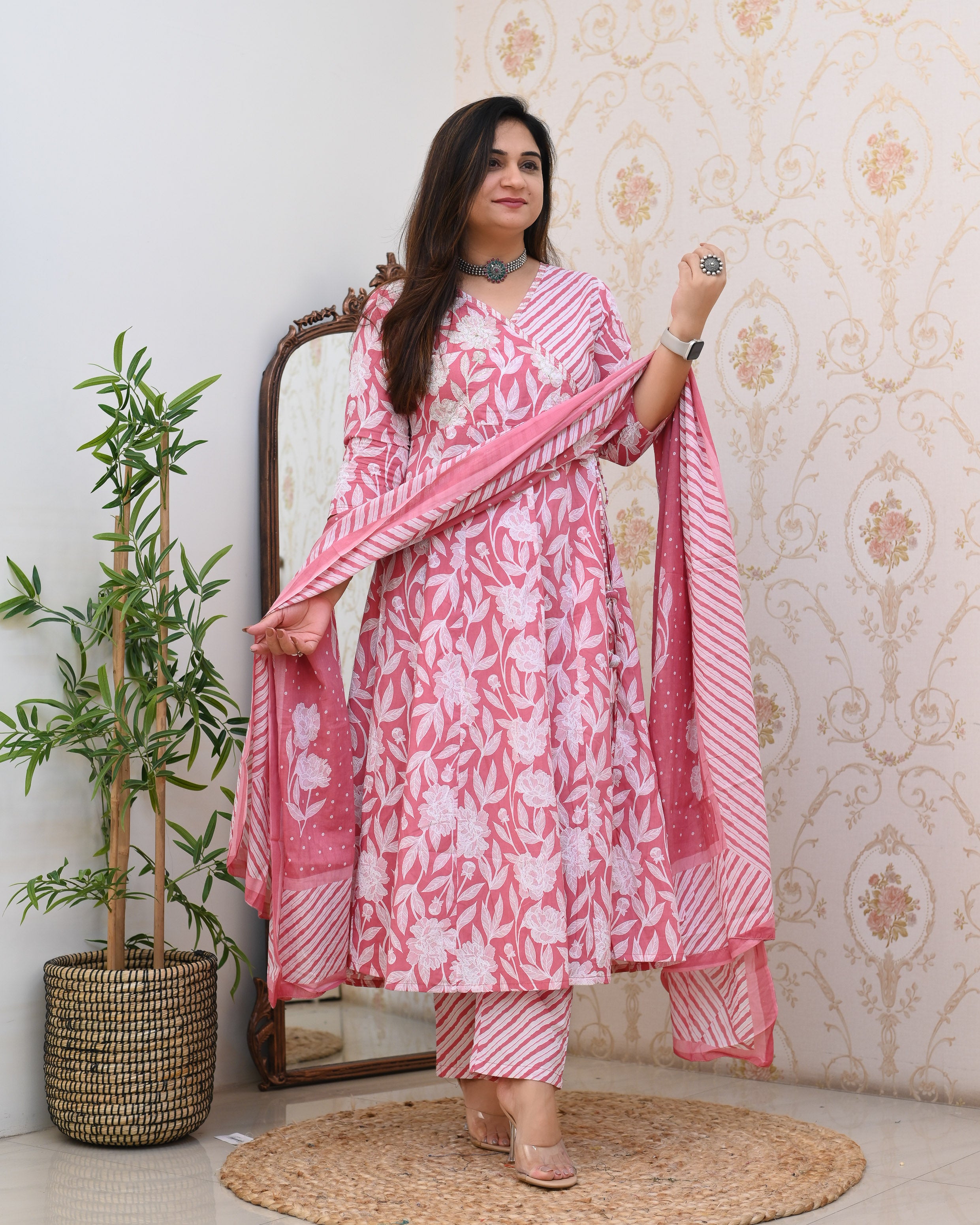 Cotton Floral Embroidered Angrakha Anarkali Set