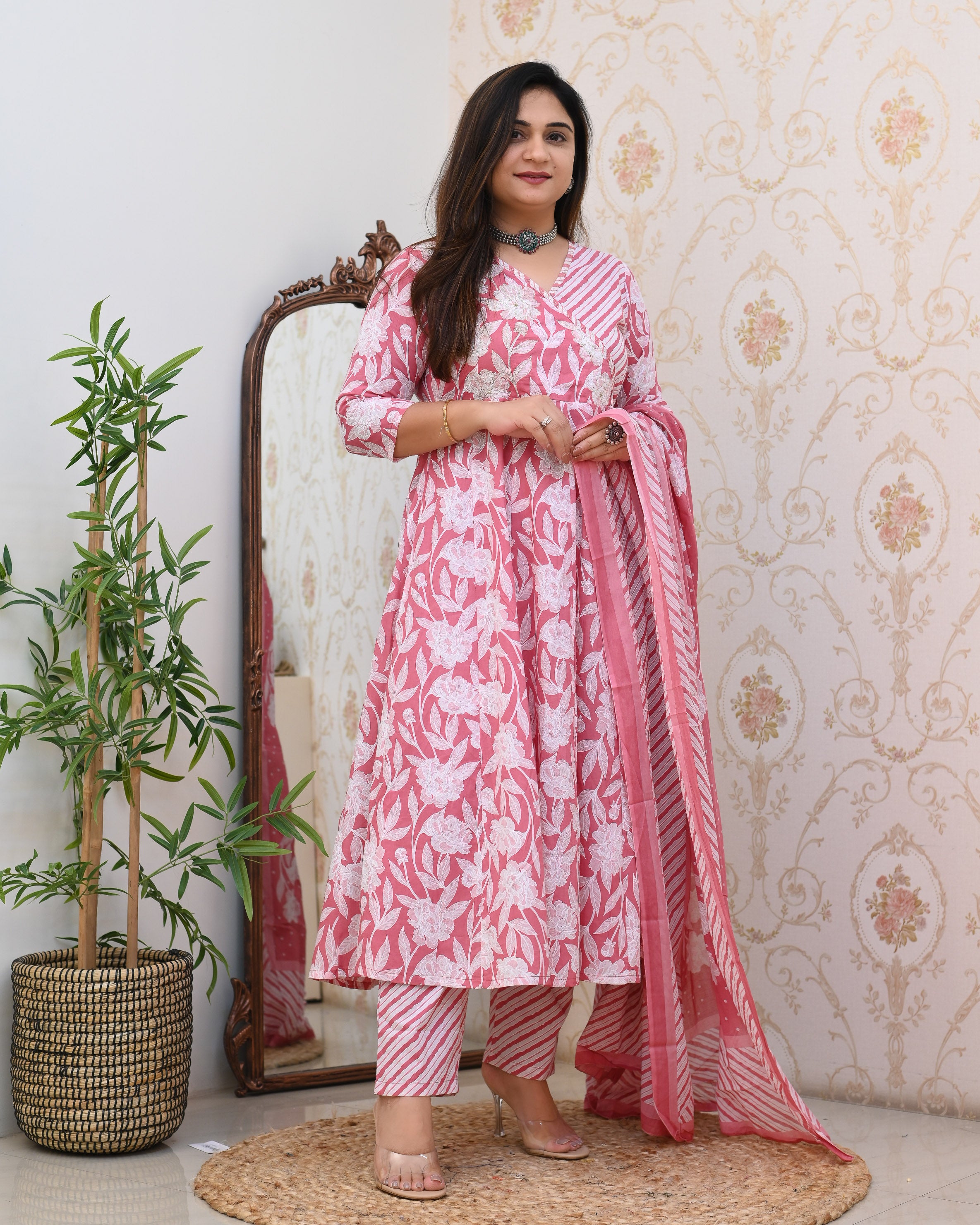 Cotton Floral Embroidered Angrakha Anarkali Set