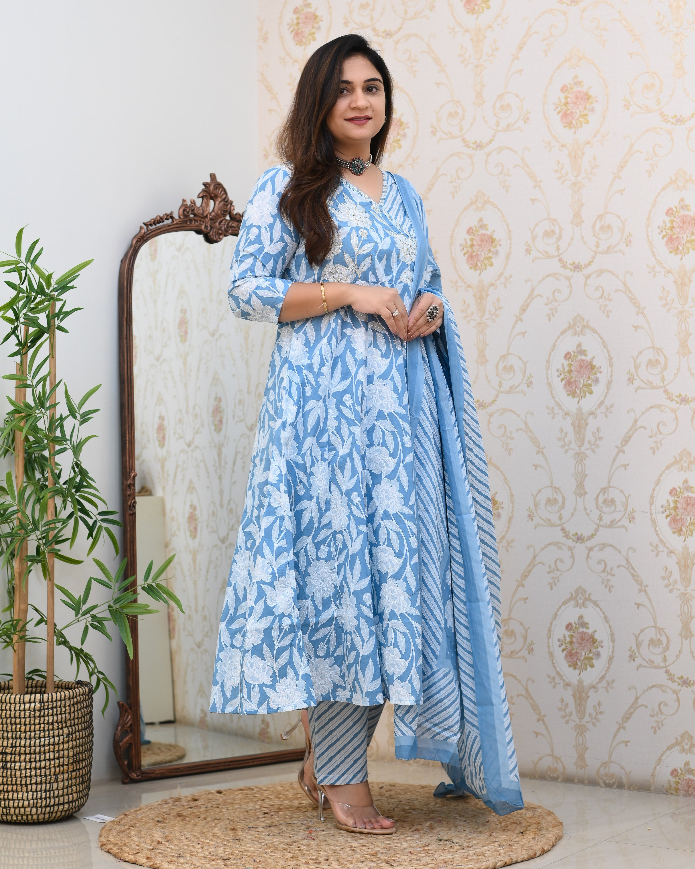 Cotton Floral Embroidered Angrakha Anarkali Set