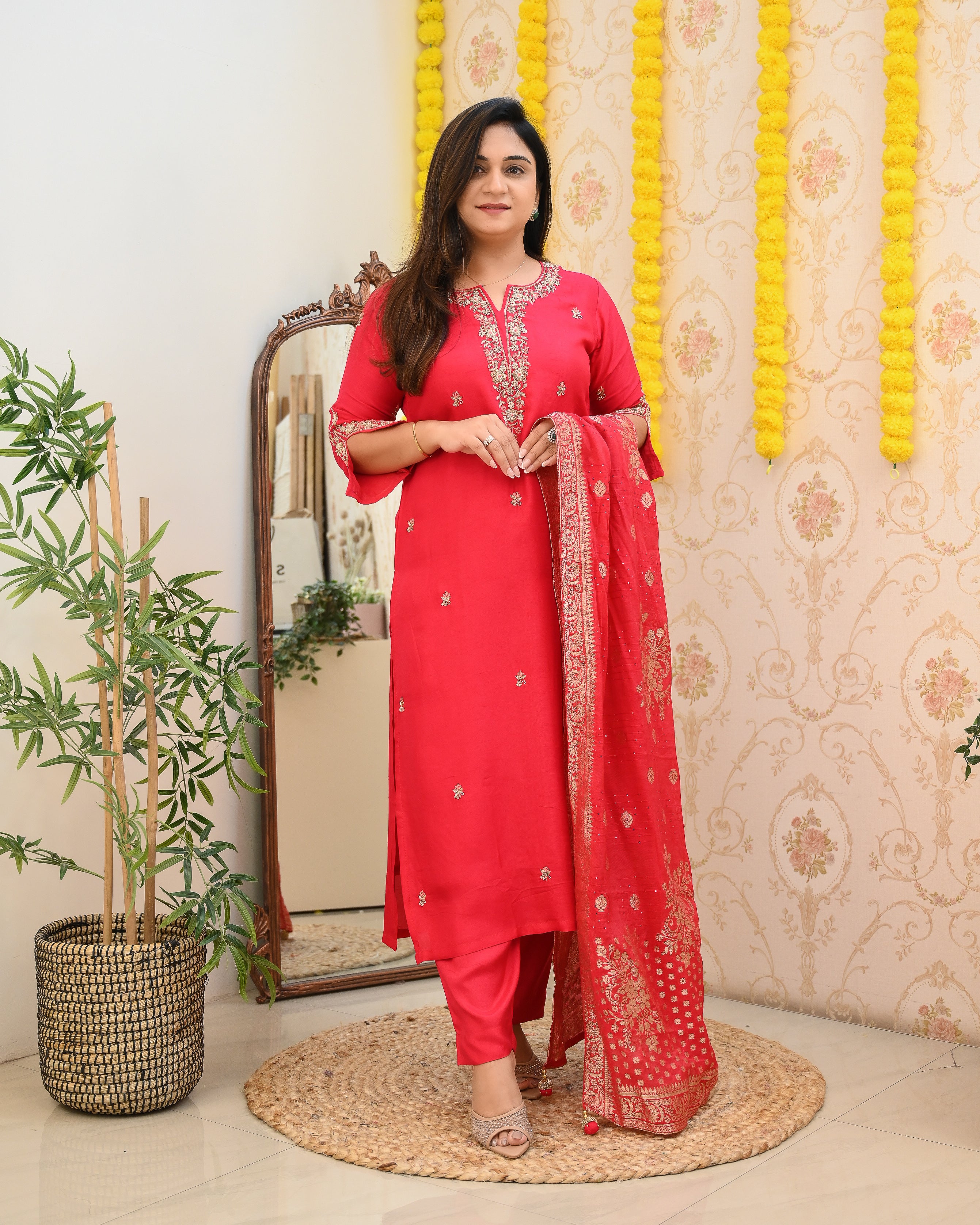 Pink Handembroidered Silk Festive Pant Set