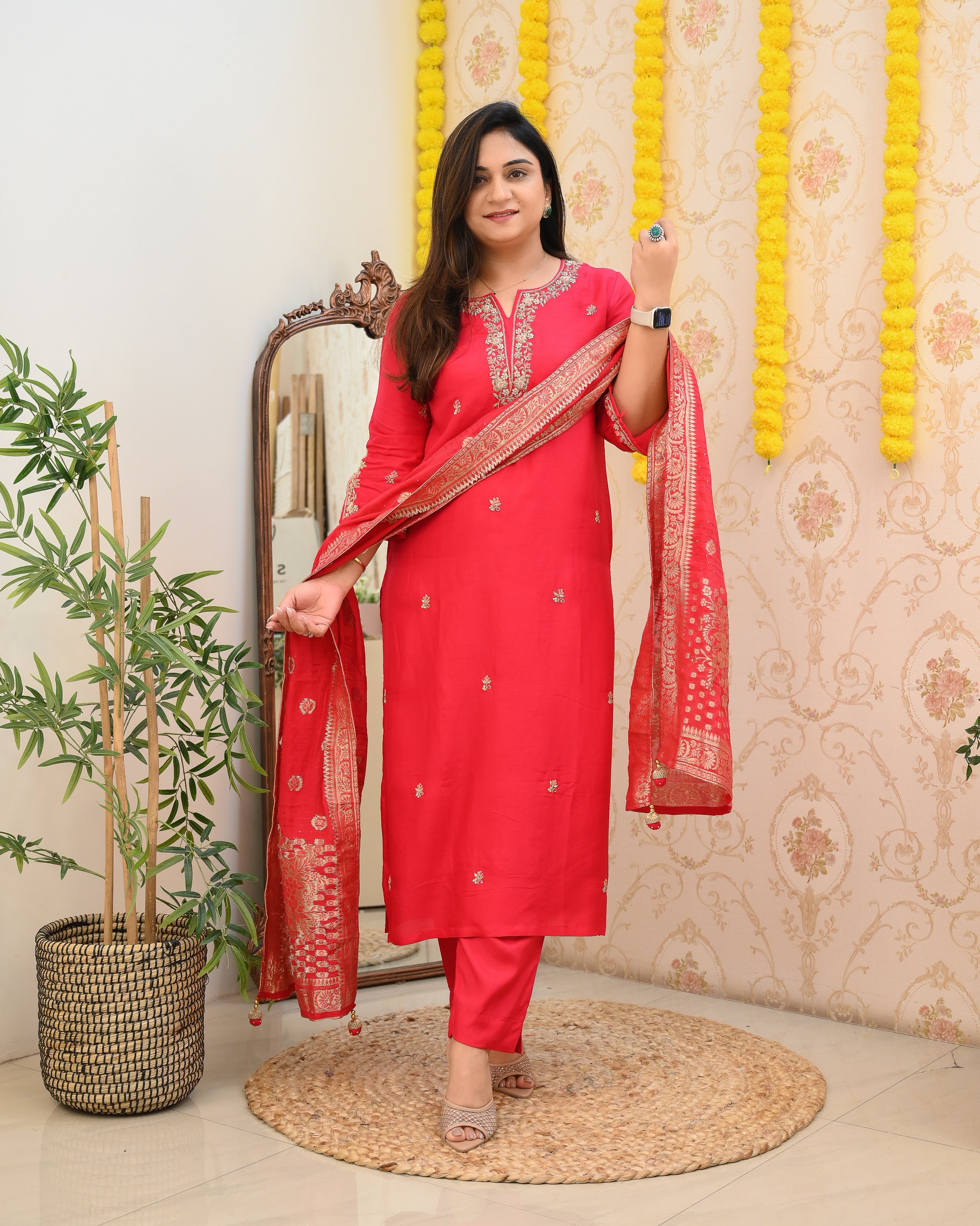 Pink Handembroidered Silk Festive Pant Set