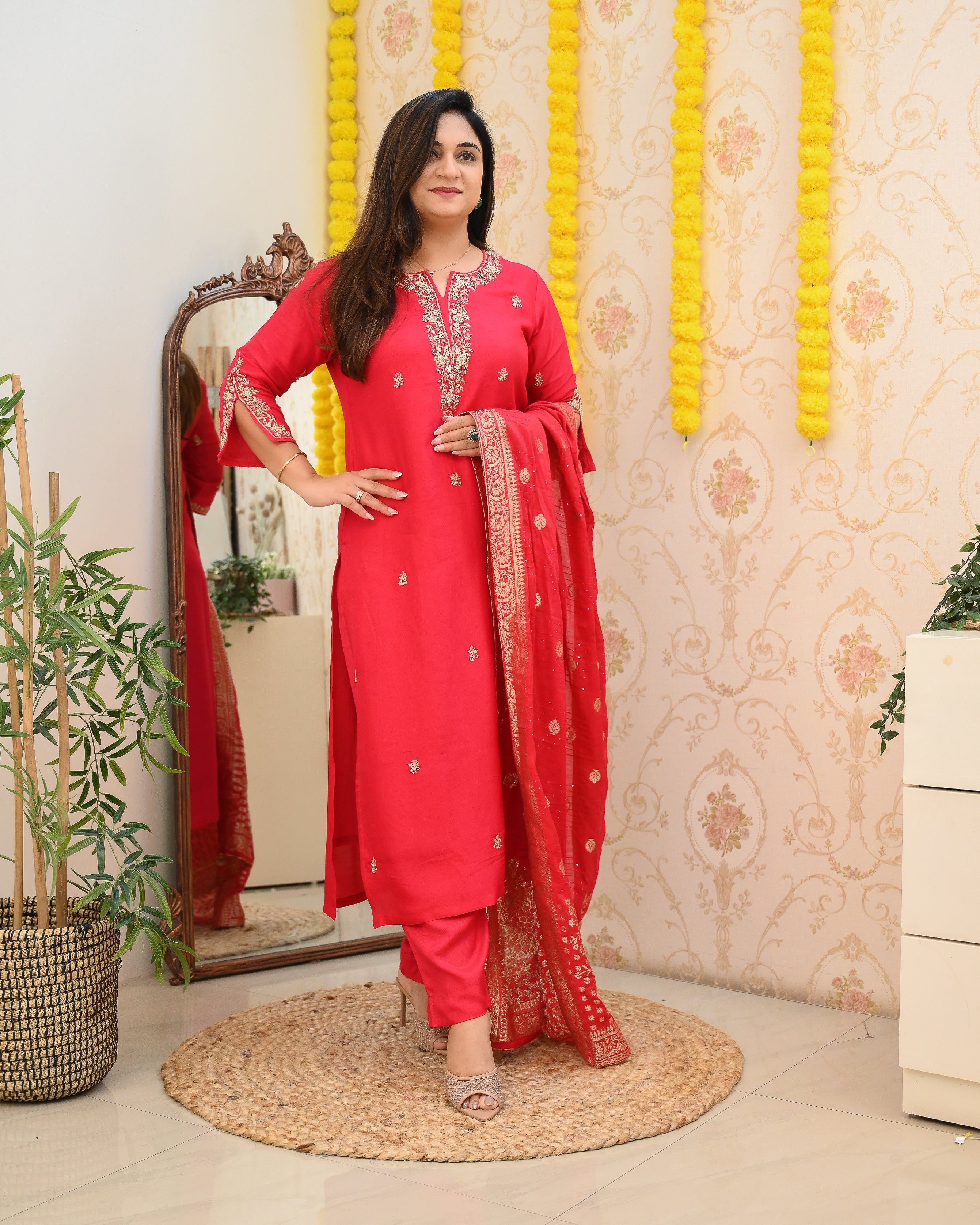 Pink Handembroidered Silk Festive Pant Set