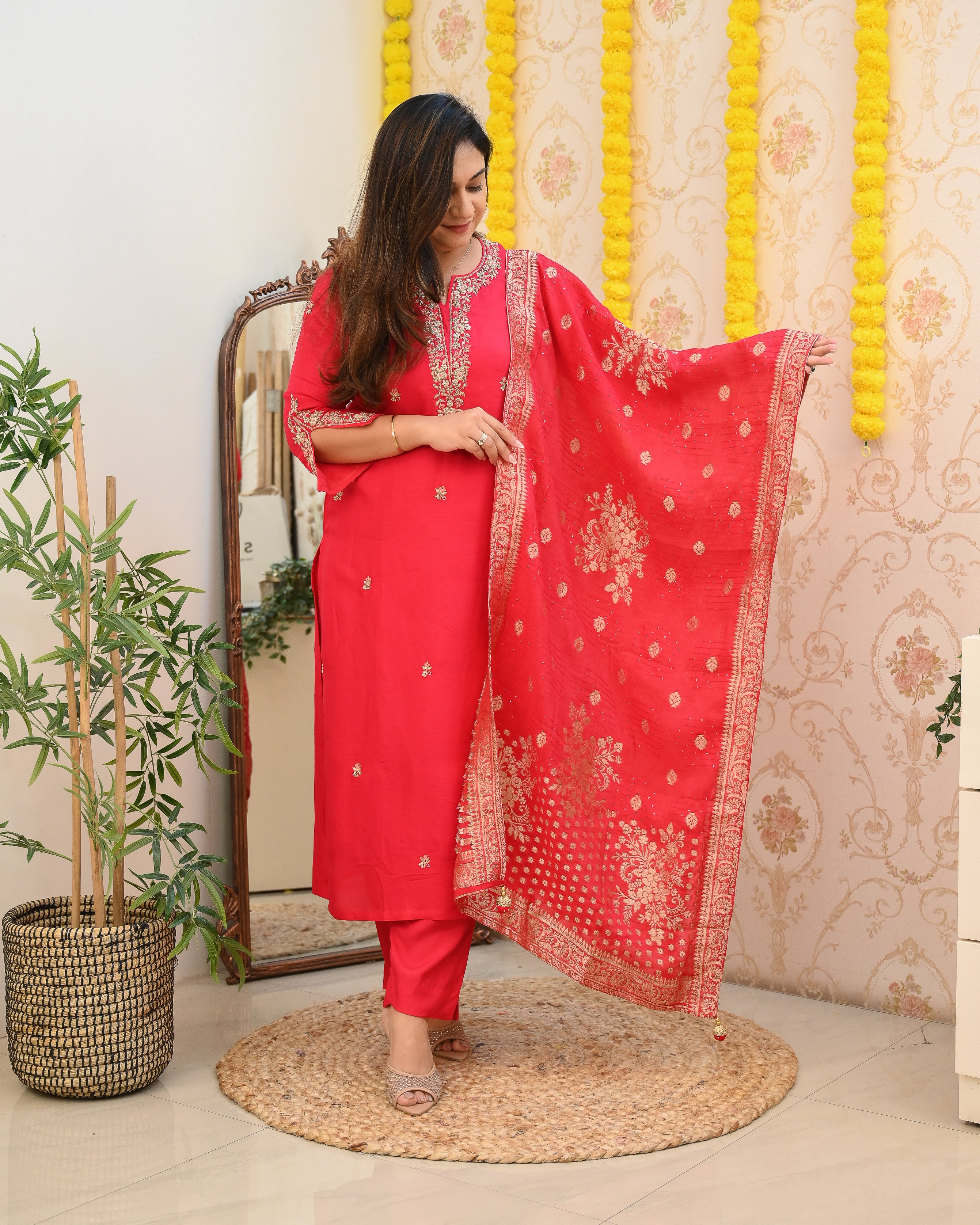 Pink Handembroidered Silk Festive Pant Set