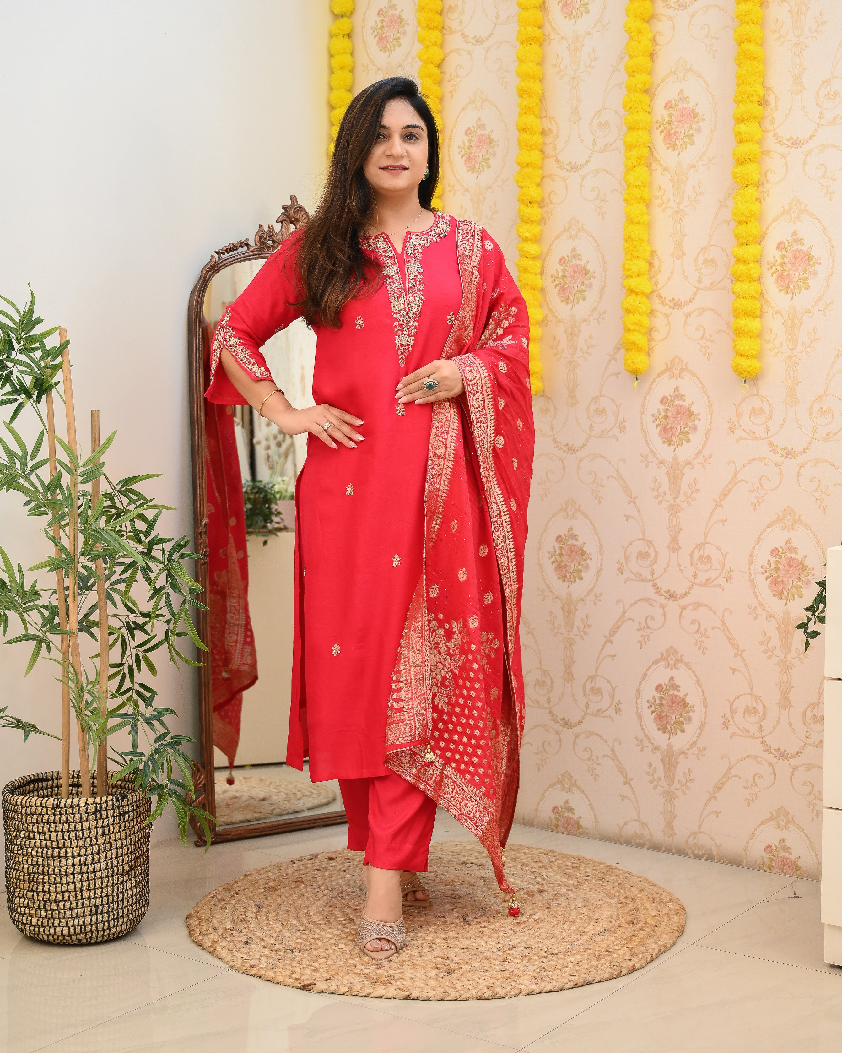 Pink Handembroidered Silk Festive Pant Set