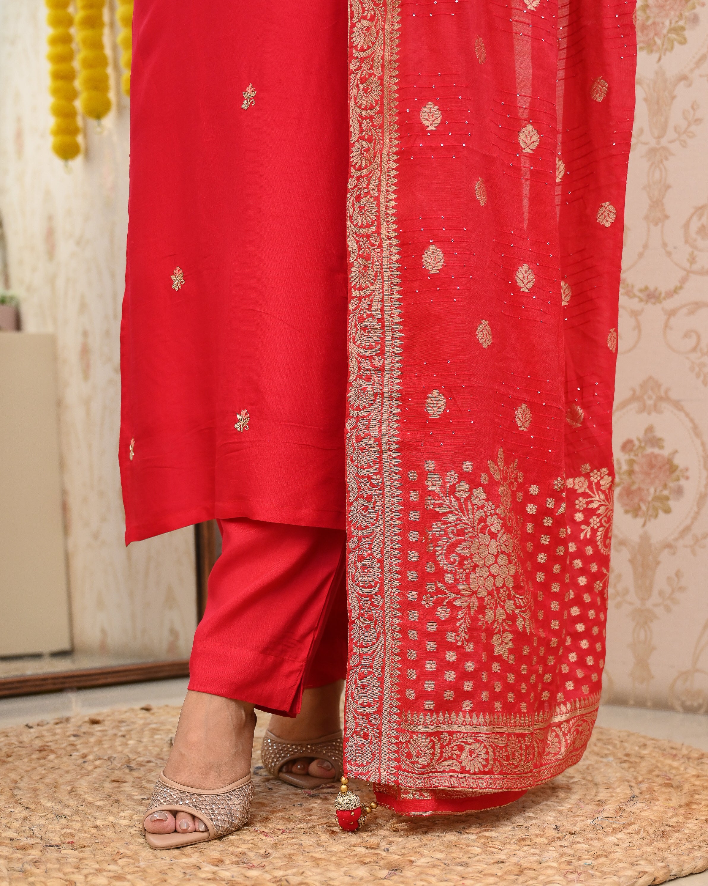 Pink Handembroidered Silk Festive Pant Set