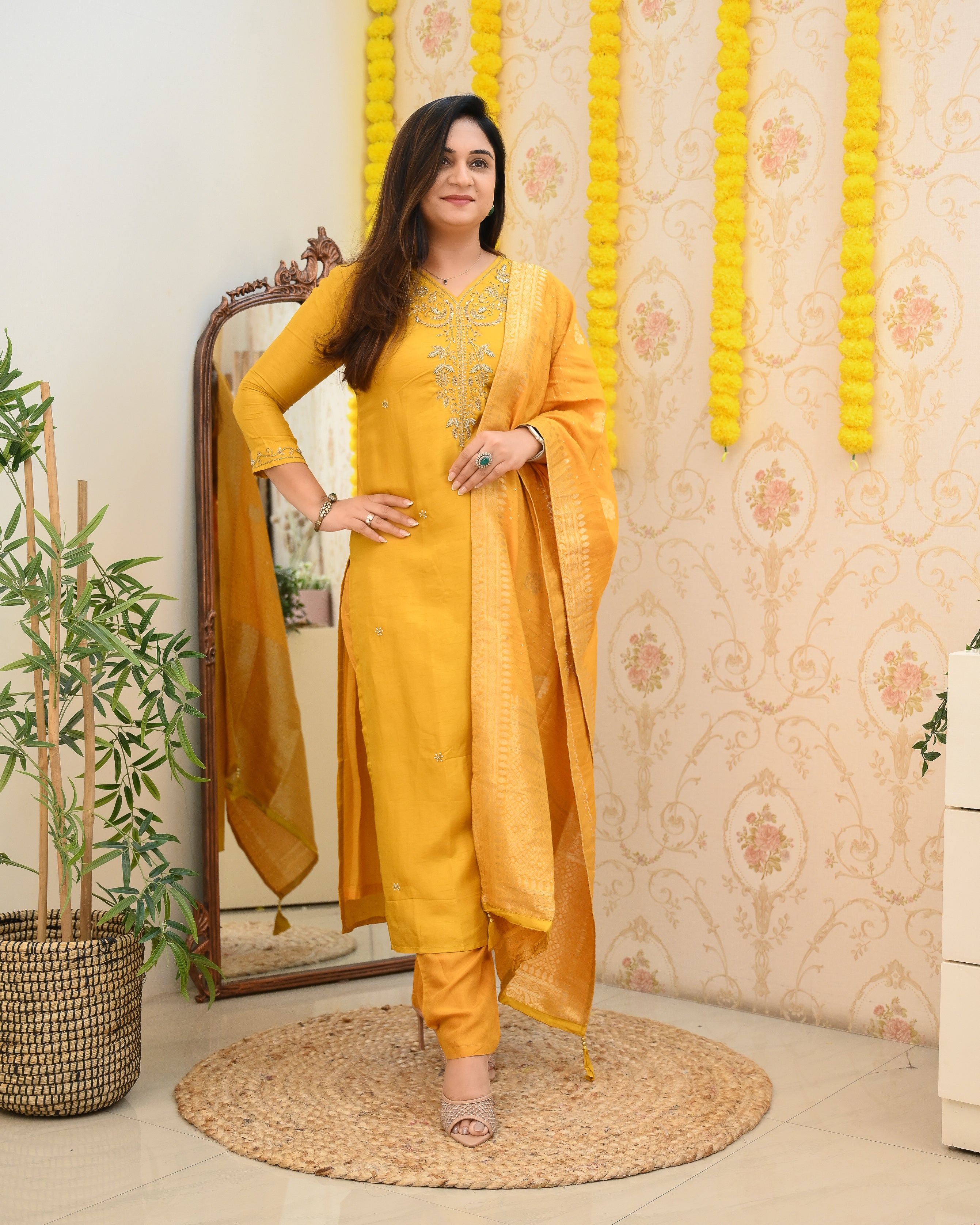 Mustard Handembroidered Silk Festive Pant Set