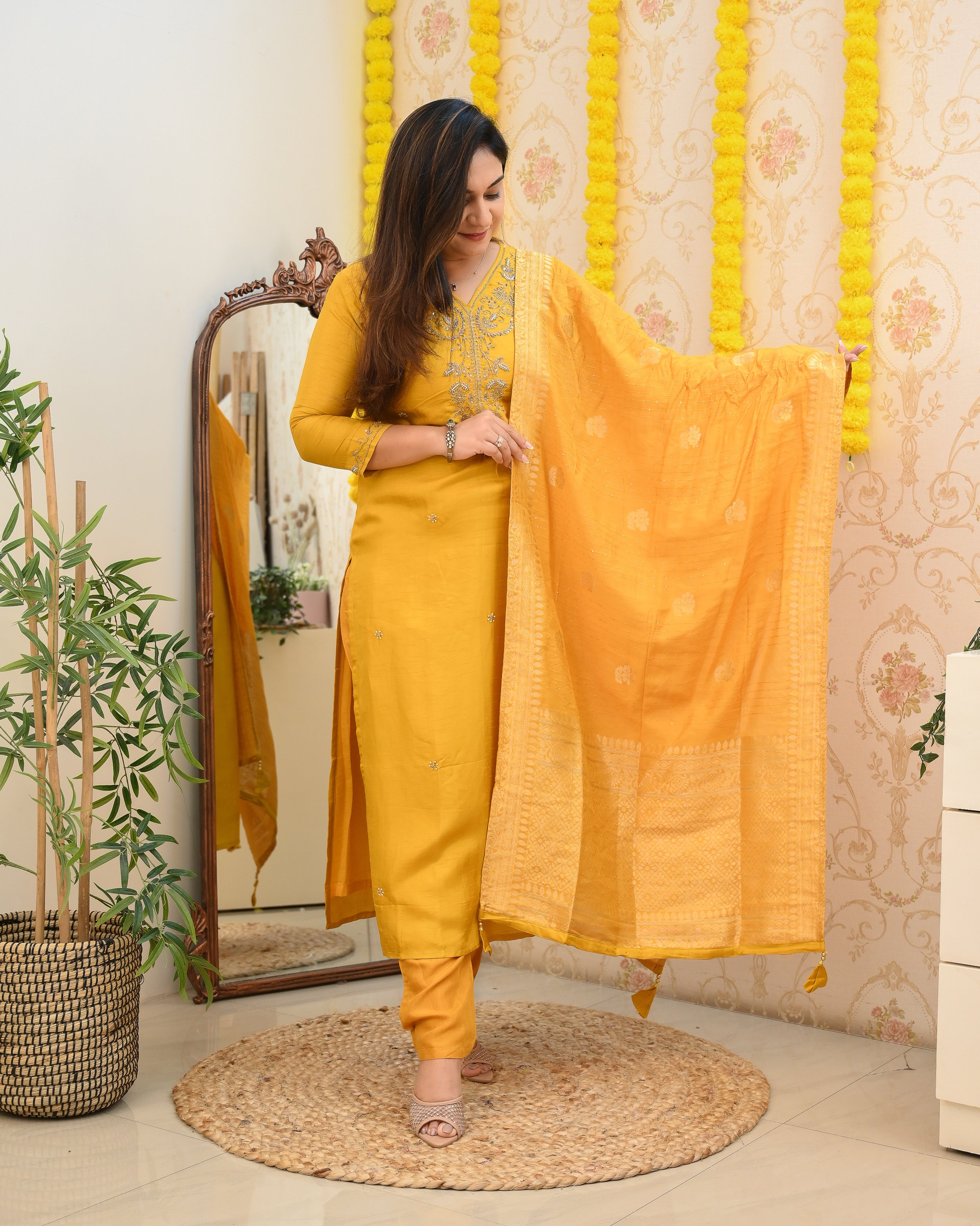 Mustard Handembroidered Silk Festive Pant Set