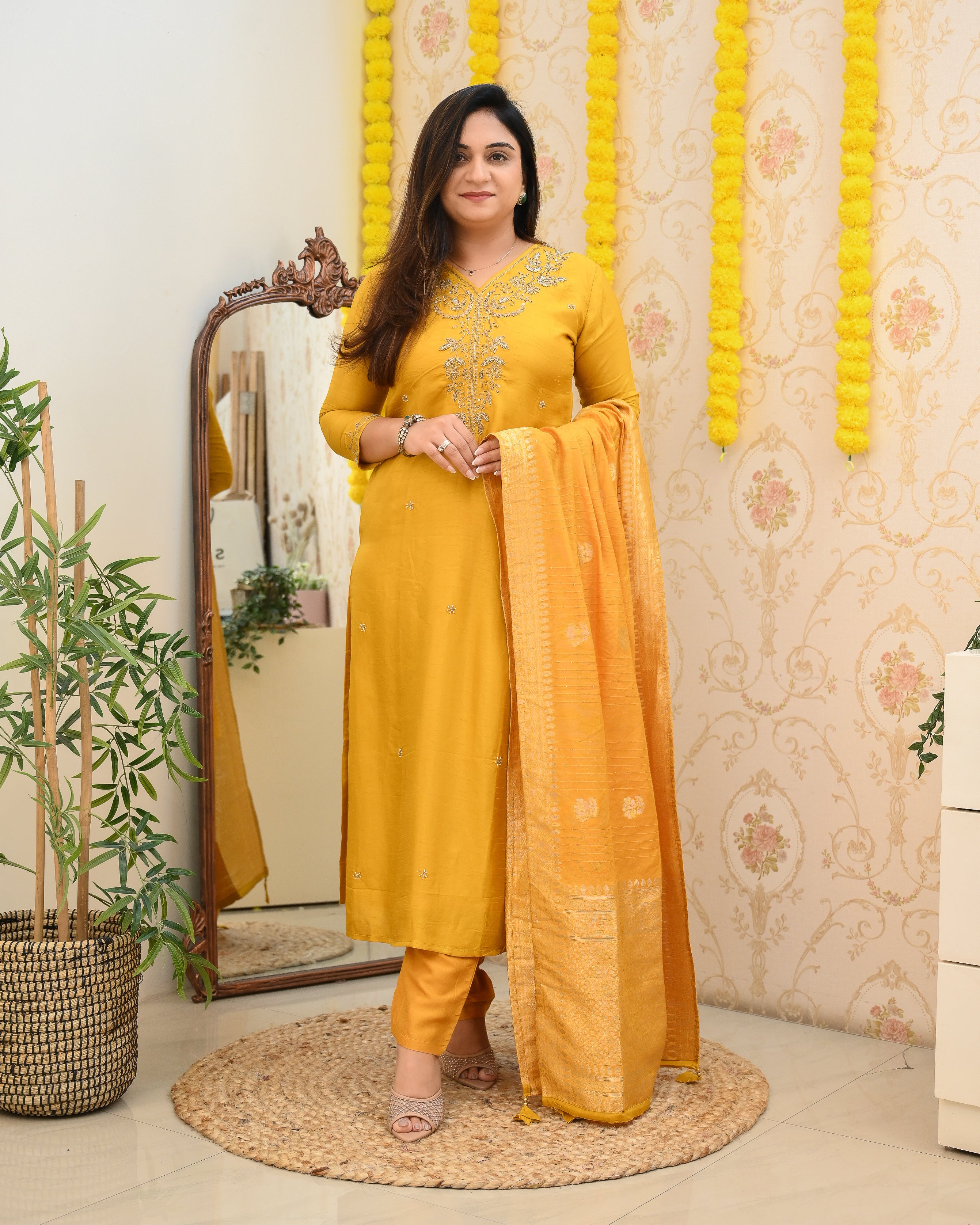 Mustard Handembroidered Silk Festive Pant Set