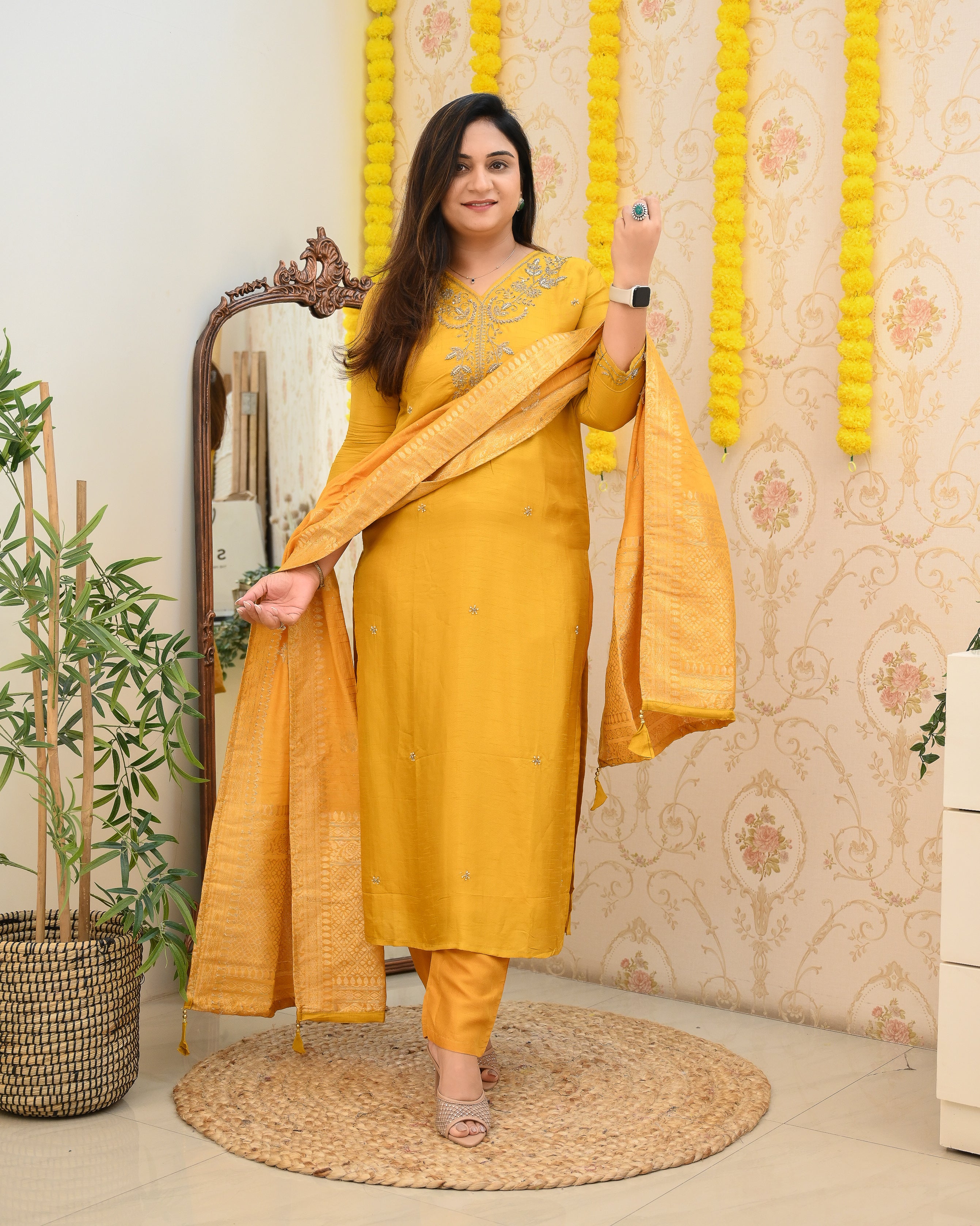 Mustard Handembroidered Silk Festive Pant Set