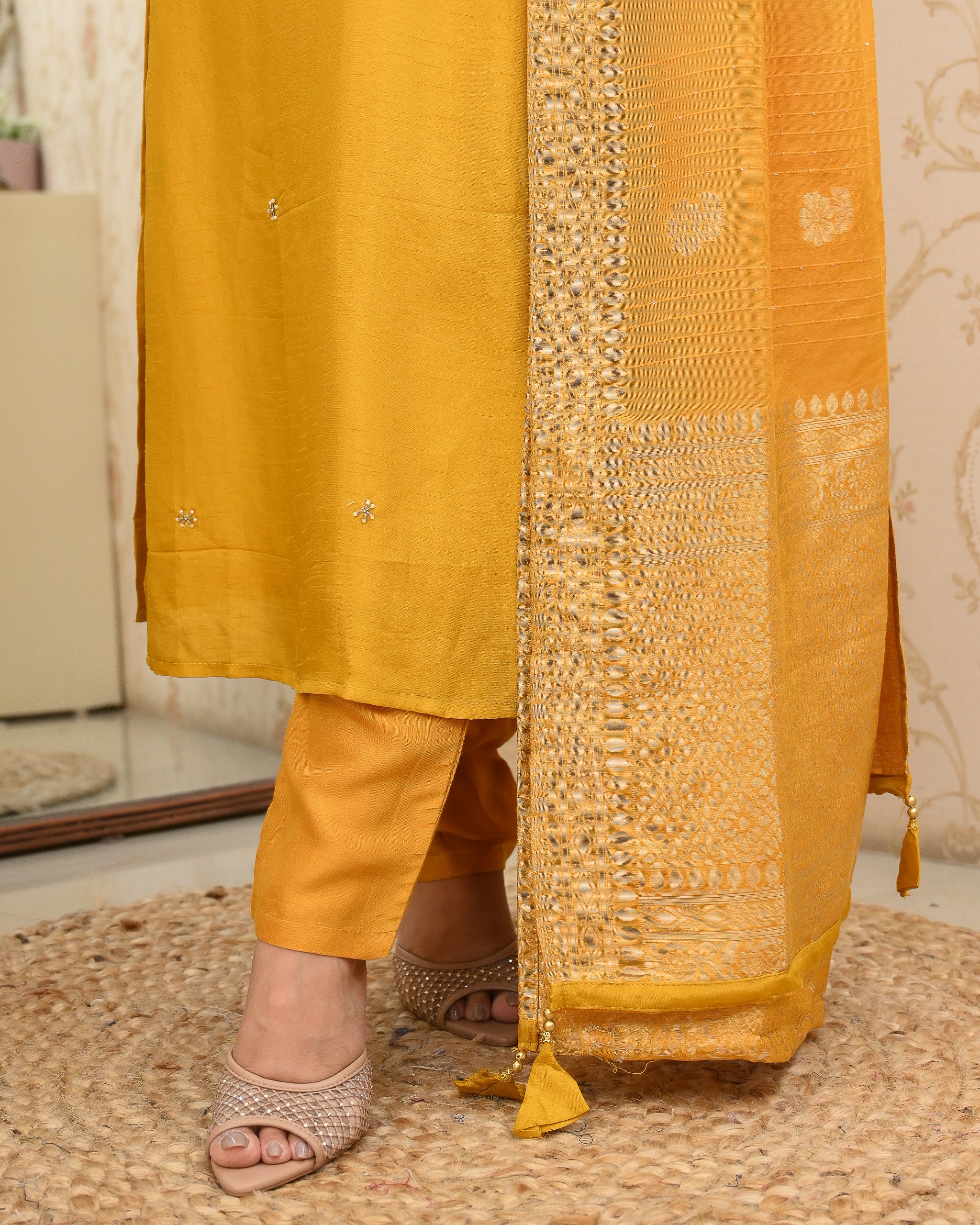 Mustard Handembroidered Silk Festive Pant Set