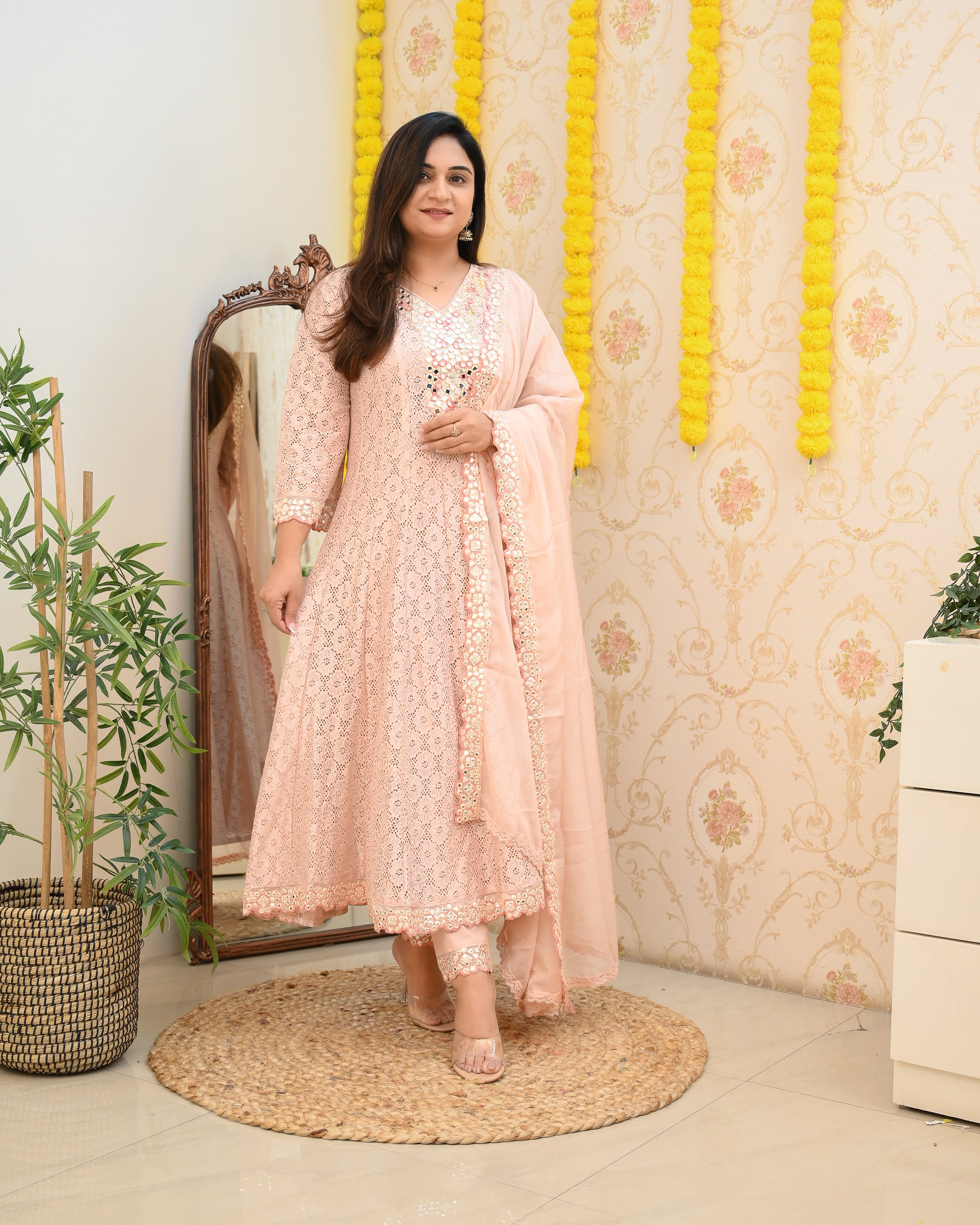 Premium Lace Cotton Anarkali Pant set