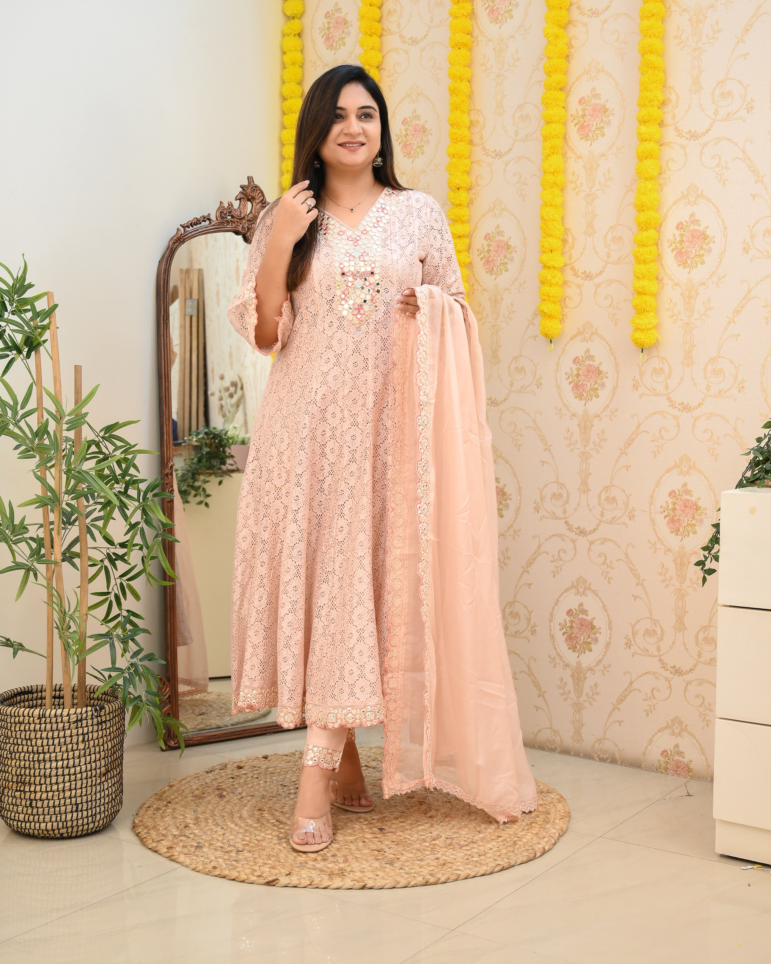 Premium Lace Cotton Anarkali Pant set