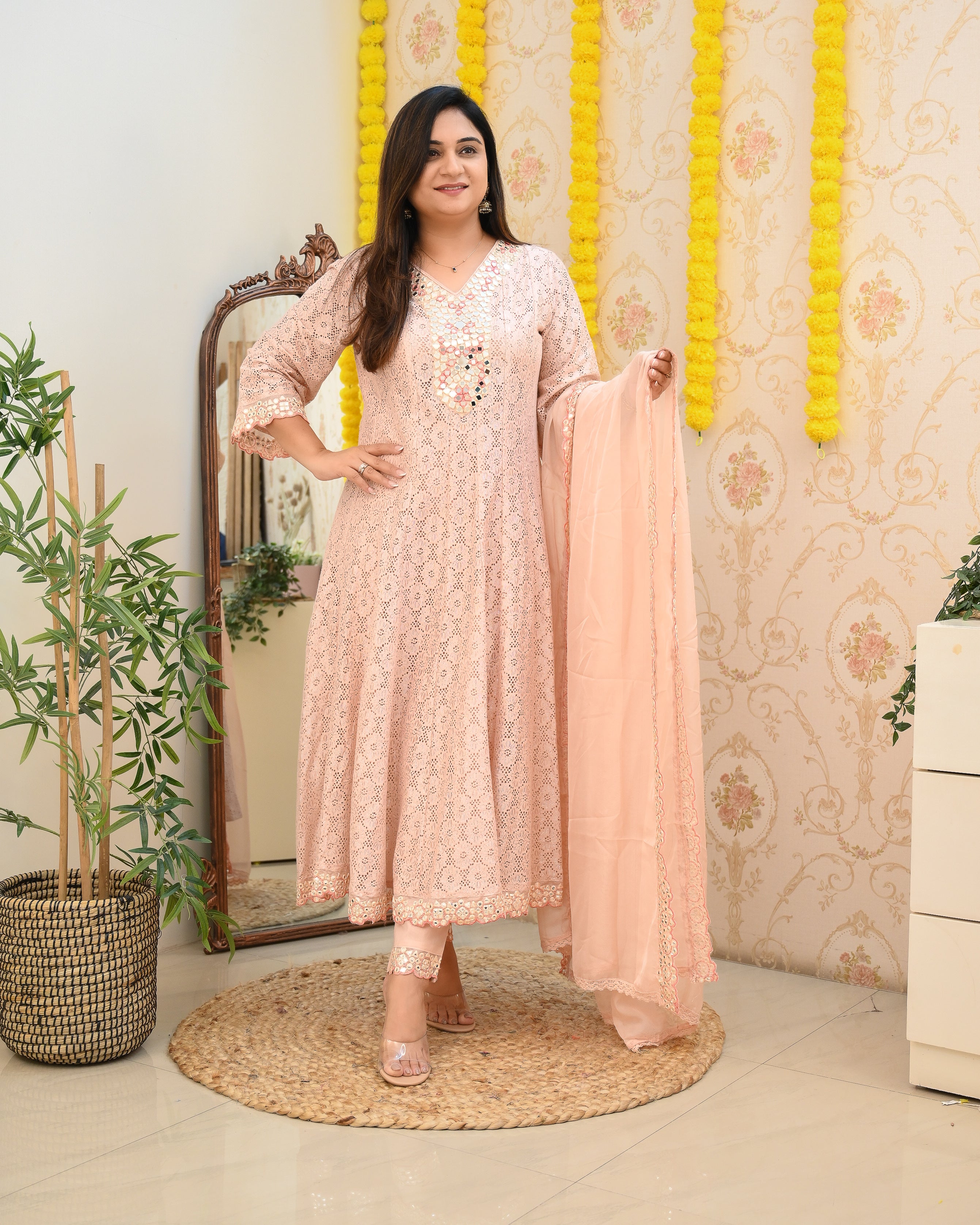 Premium Lace Cotton Anarkali Pant set