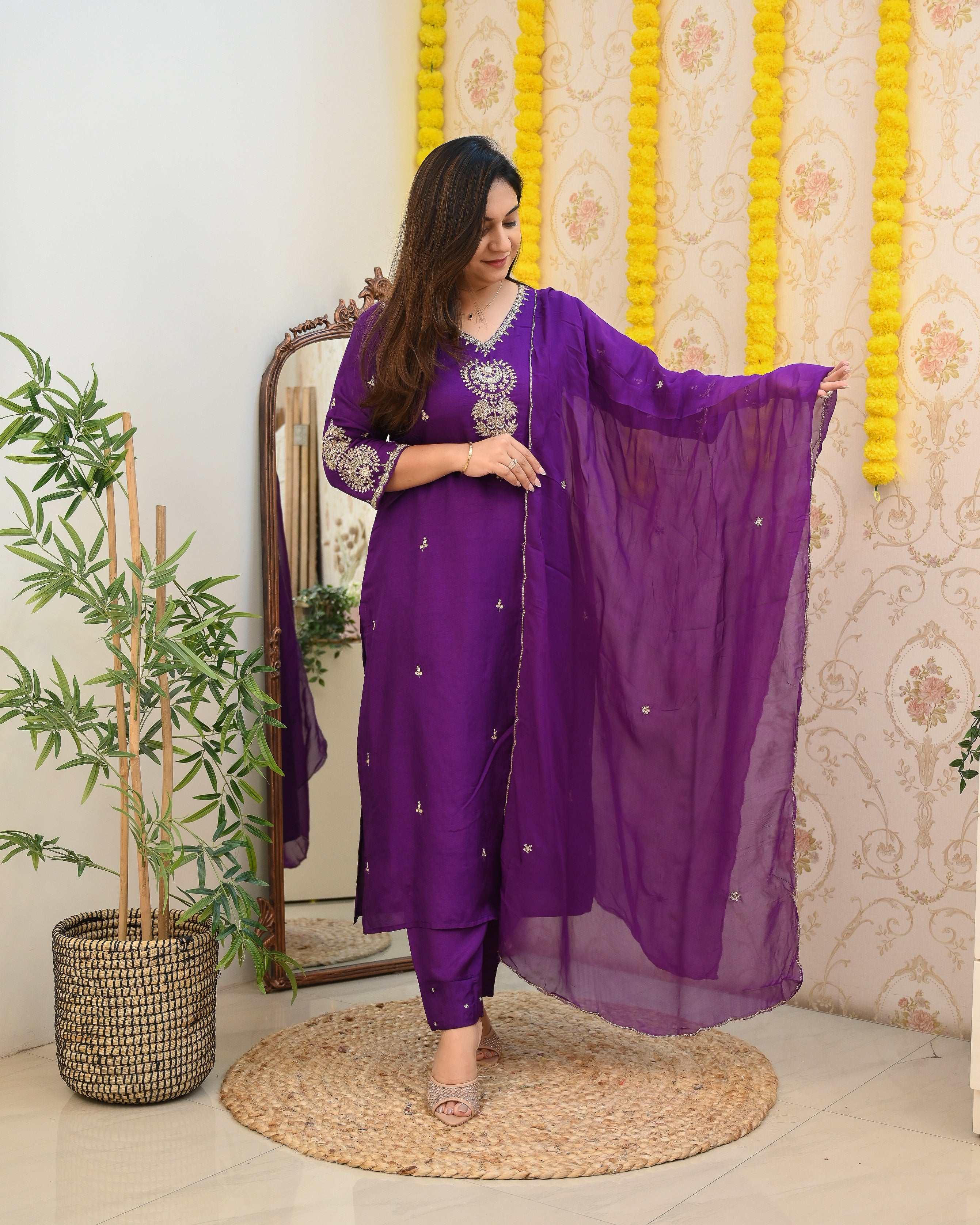 Purple HandEmbroidered Festive Pant Set