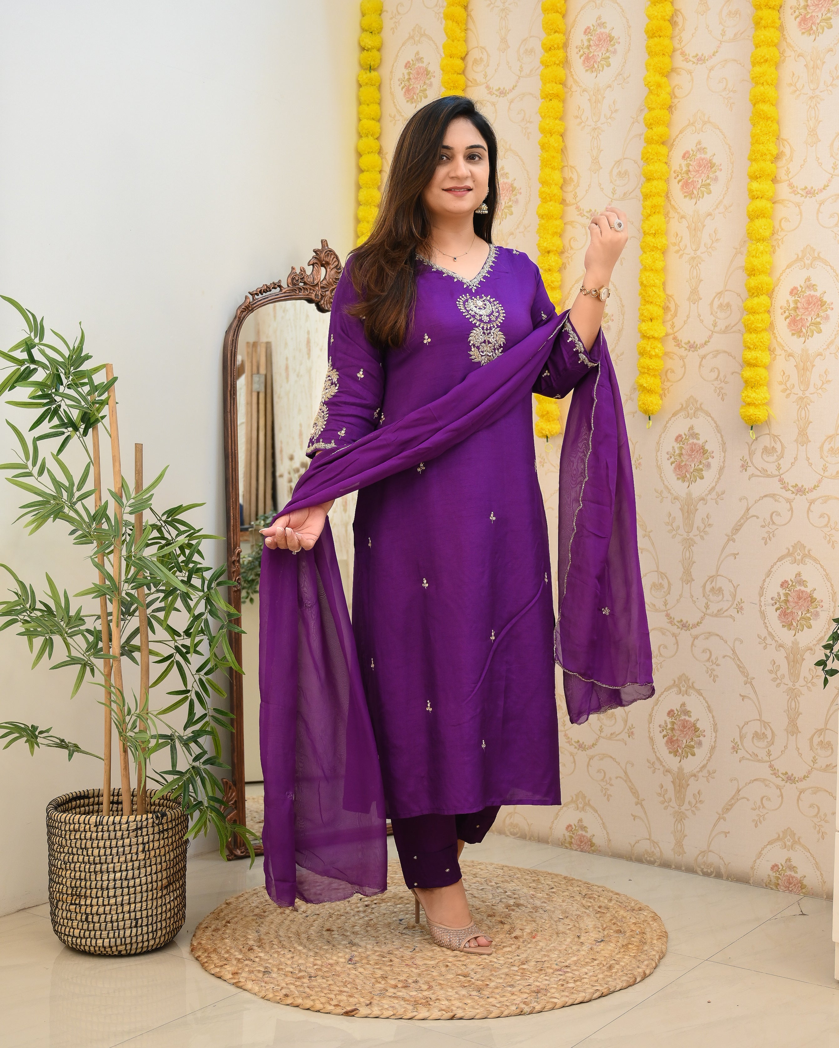 Purple HandEmbroidered Festive Pant Set