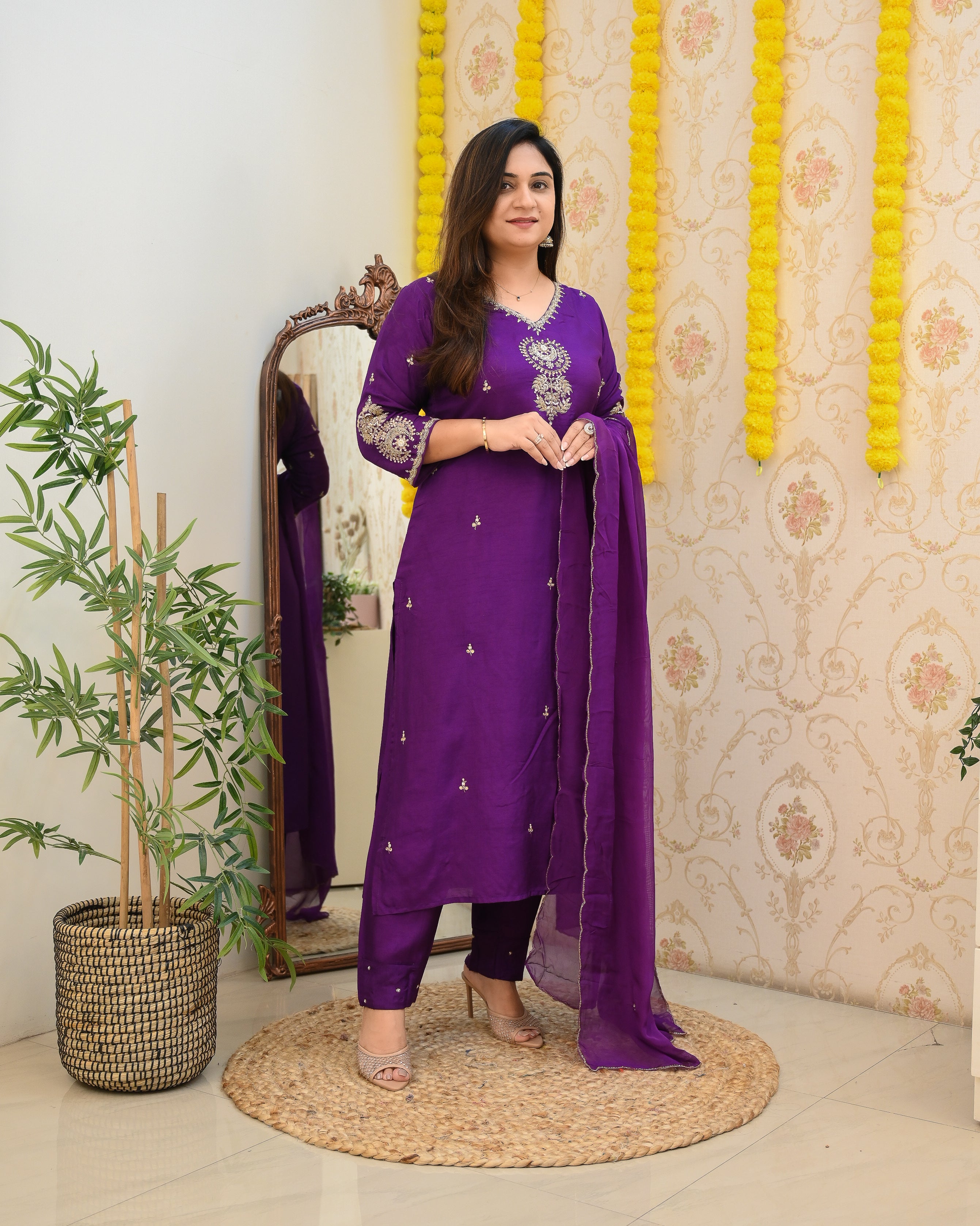 Purple HandEmbroidered Festive Pant Set