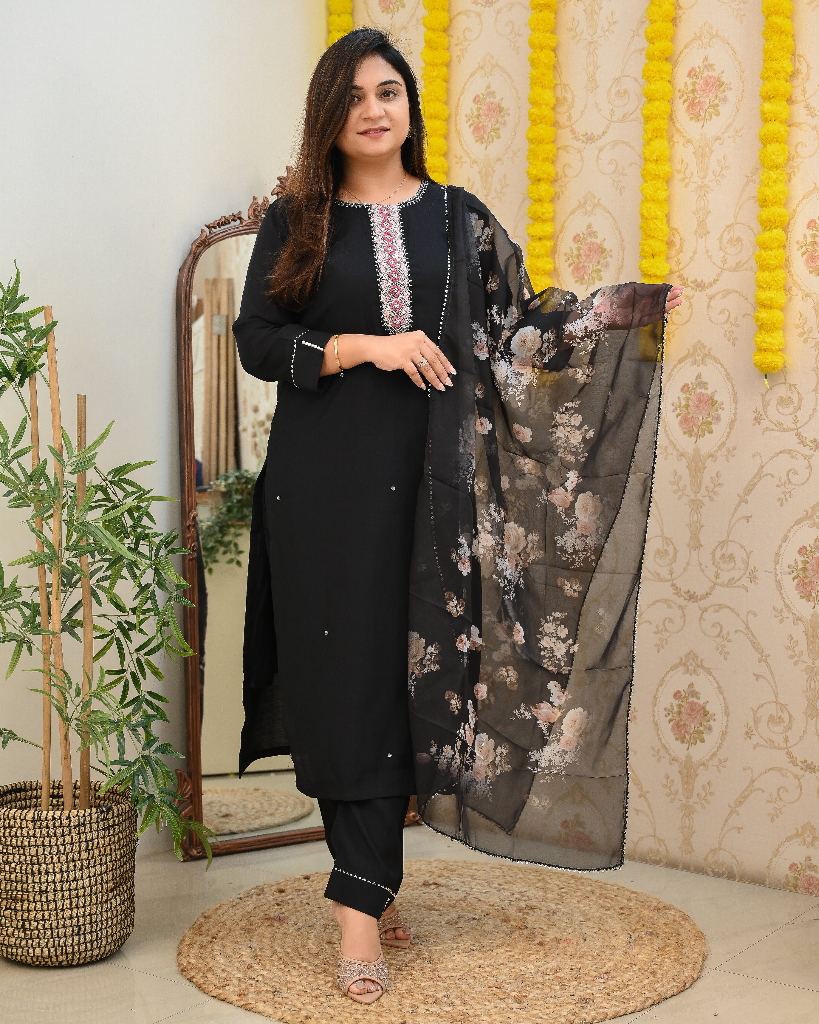 Black Silk HandEmbroidered Floral Pant Set