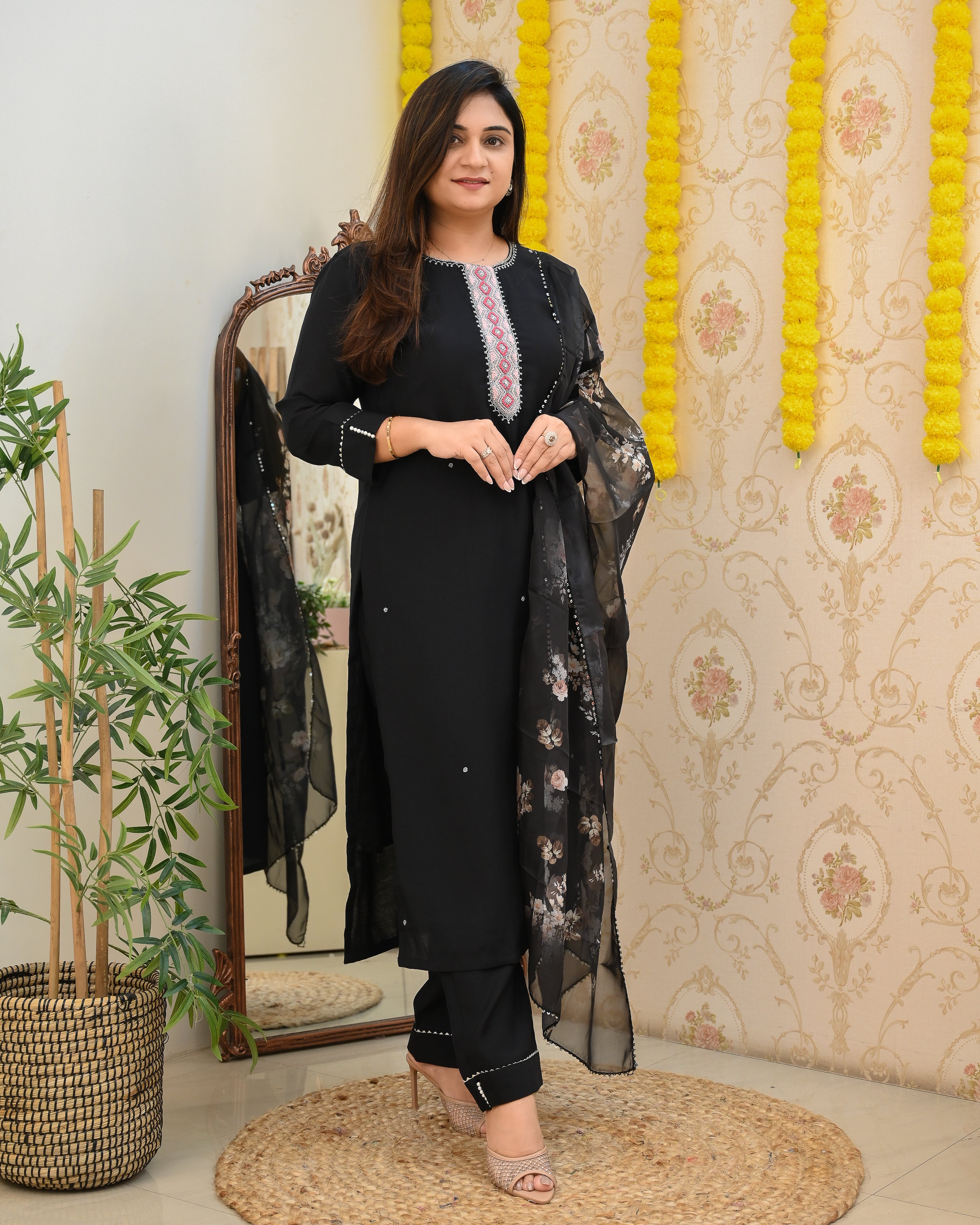 Black Silk HandEmbroidered Floral Pant Set