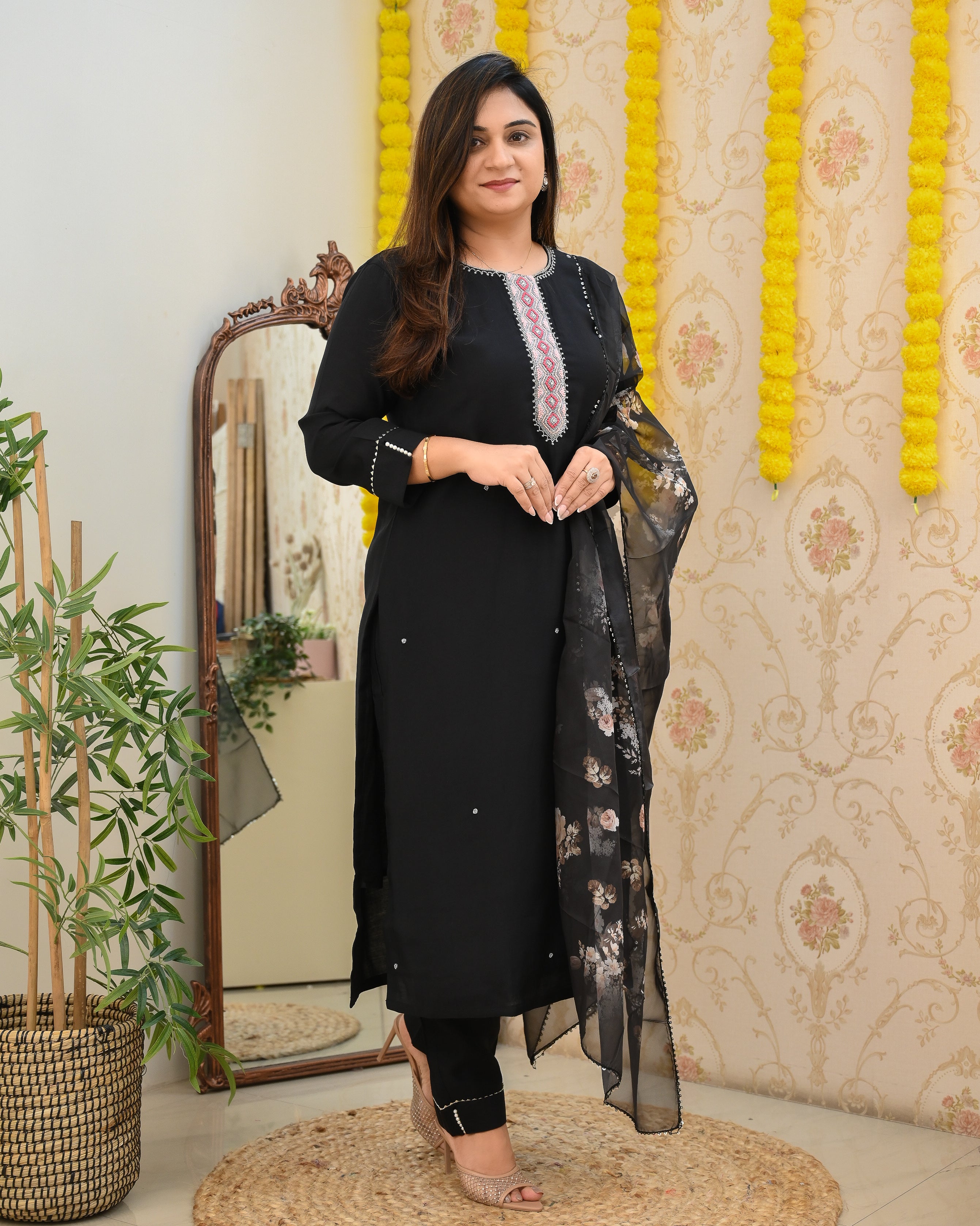 Black Silk HandEmbroidered Floral Pant Set