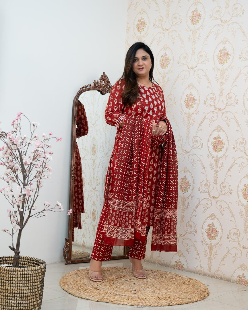 Bagru Cotton Embroidered Straight Pant Set