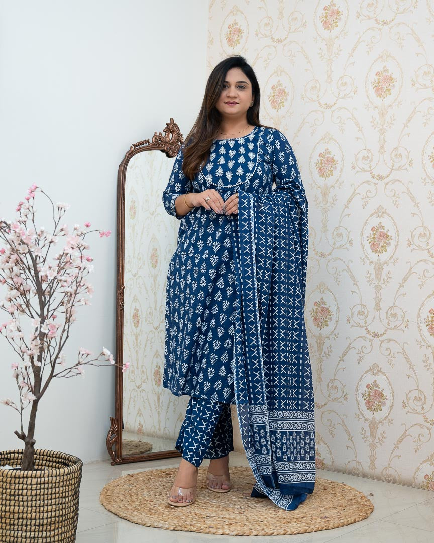 Bagru Cotton Embroidered Straight Pant Set