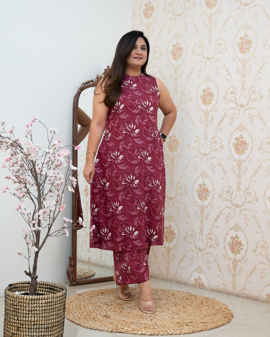 Wine Rayon Printed Casual A-line Coord Set