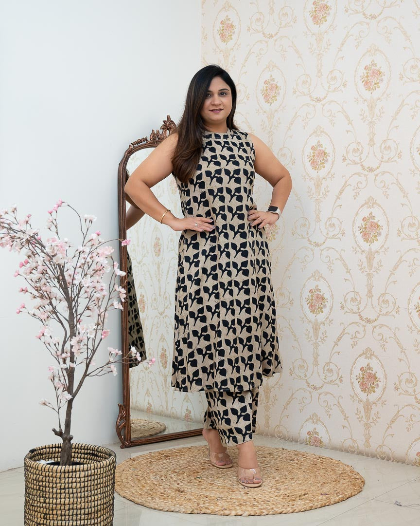 Beige Floral Rayon Printed Casual A-line Coord Set - The Jaipur Studio