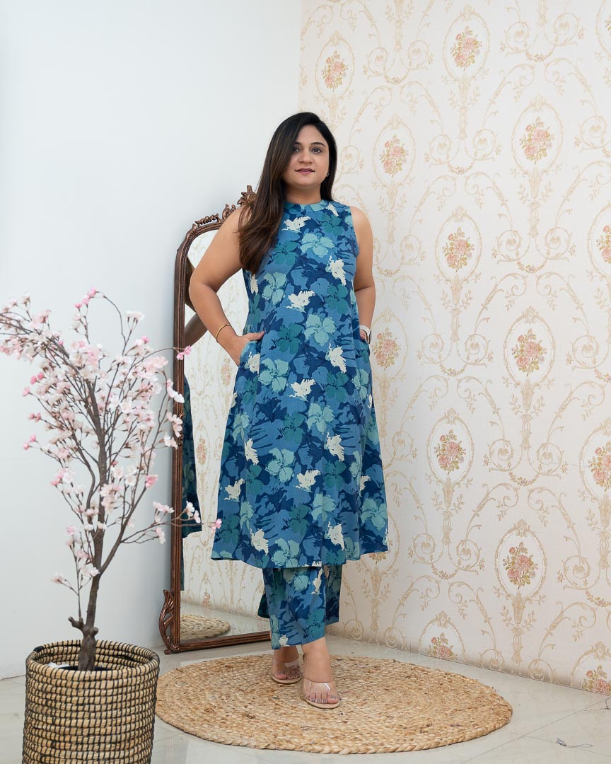 Blue Floral Rayon Printed Casual A-line Coord Set