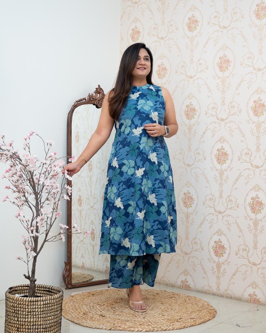 Blue Floral Rayon Printed Casual A-line Coord Set