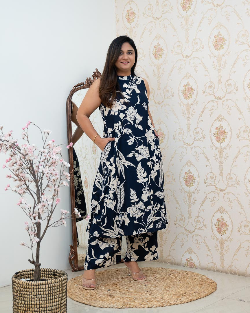 Navy Blue Rayon Printed Casual A-line Coord Set