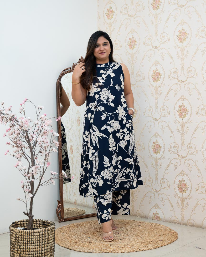 Navy Blue Rayon Printed Casual A-line Coord Set