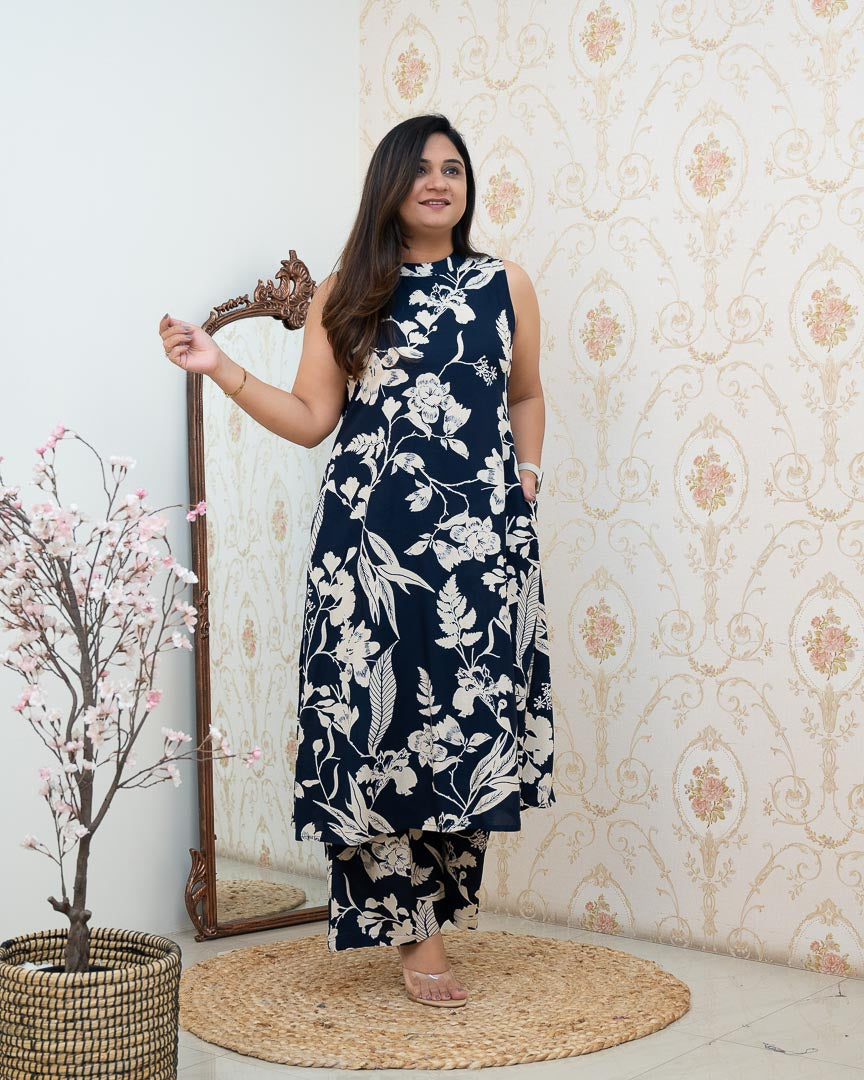 Navy Blue Rayon Printed Casual A-line Coord Set