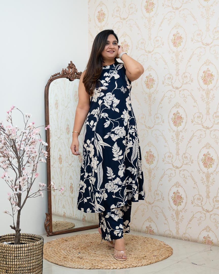 Navy Blue Rayon Printed Casual A-line Coord Set