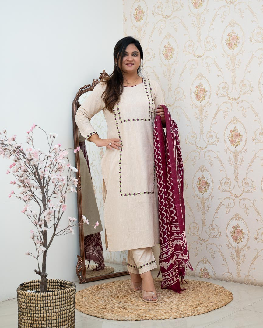 Cream Cotton Embroidered Pant Set