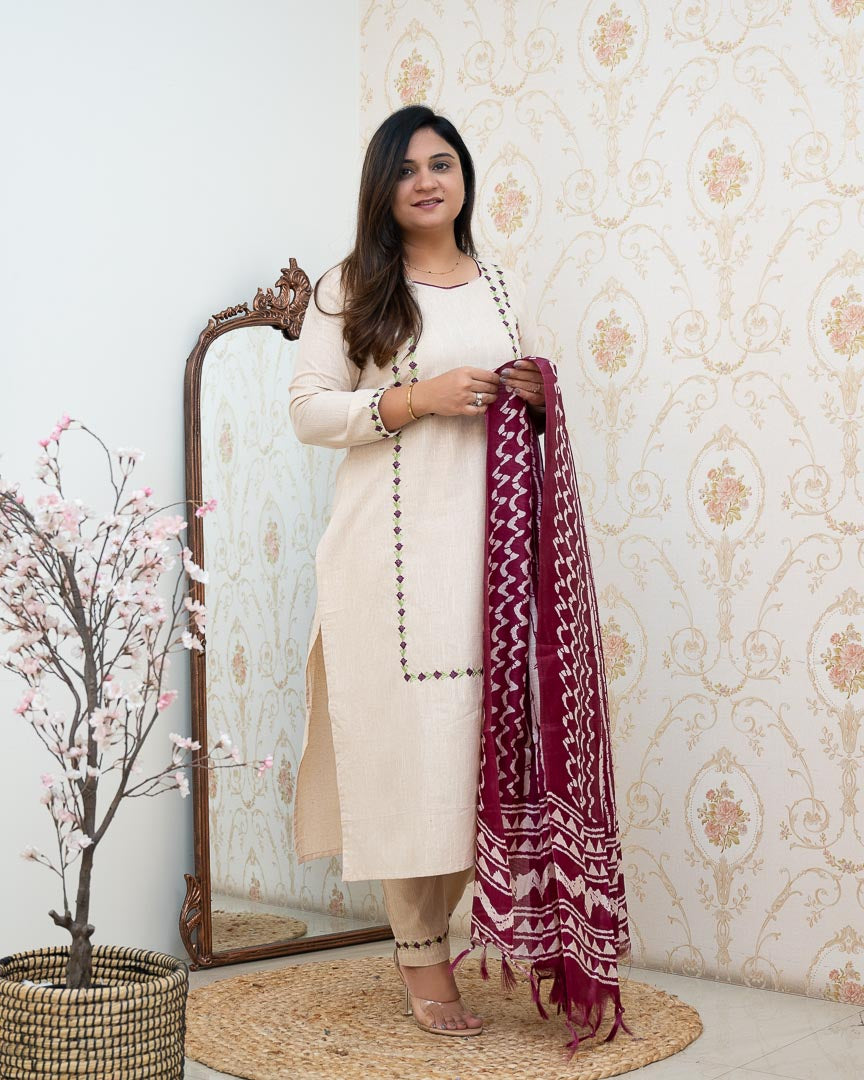 Cream Cotton Embroidered Pant Set