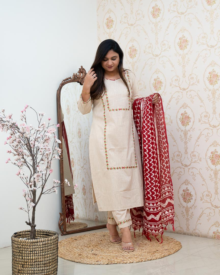 Cream Cotton Embroidered Pant Set