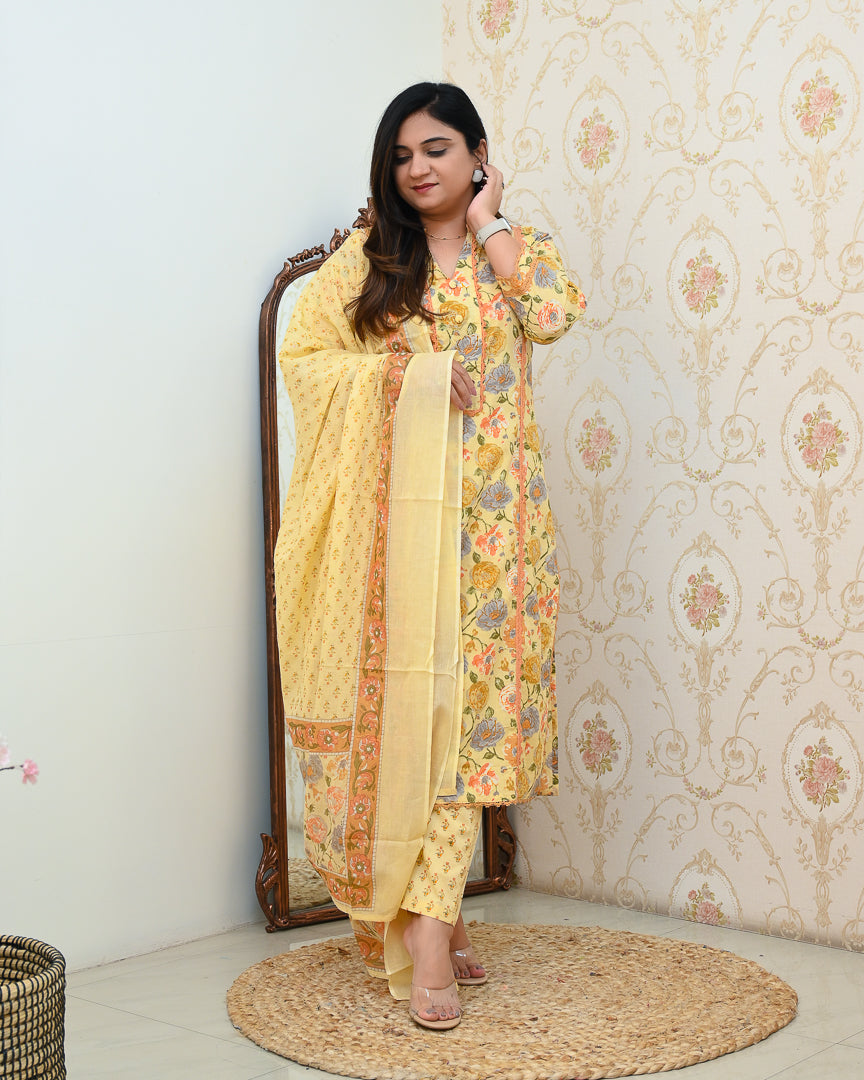 Maha Yellow Casual Cotton Pant Set