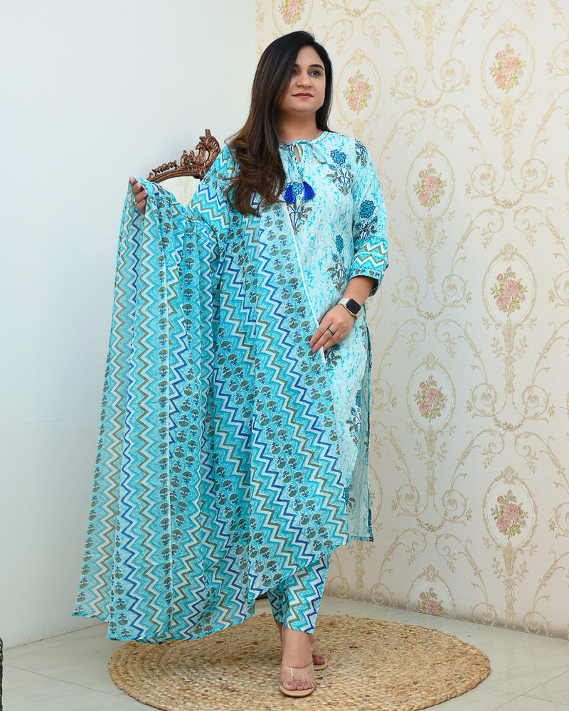 Aadhavi Blue Casual Cotton Pant Set - The Jaipur Studio