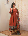Neerja Cotton Ajrakh Embroidered Anarkali Set - The Jaipur Studio