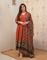 Neerja Cotton Ajrakh Embroidered Anarkali Set - The Jaipur Studio
