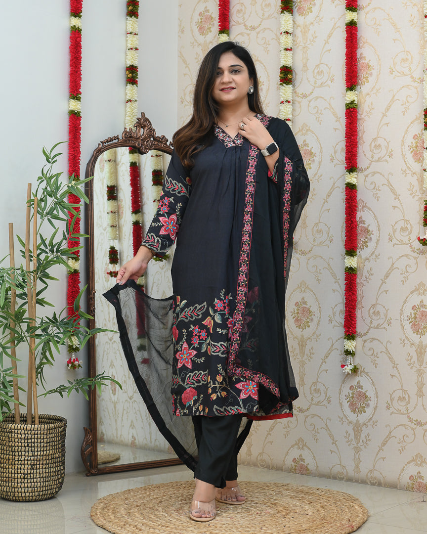 'Zaar' Muslin Black Floral Embroidered Pant Set