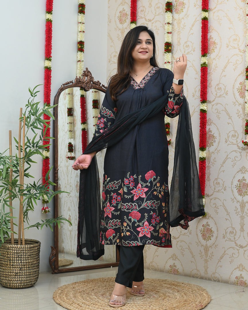 'Zaar' Muslin Black Floral Embroidered Pant Set