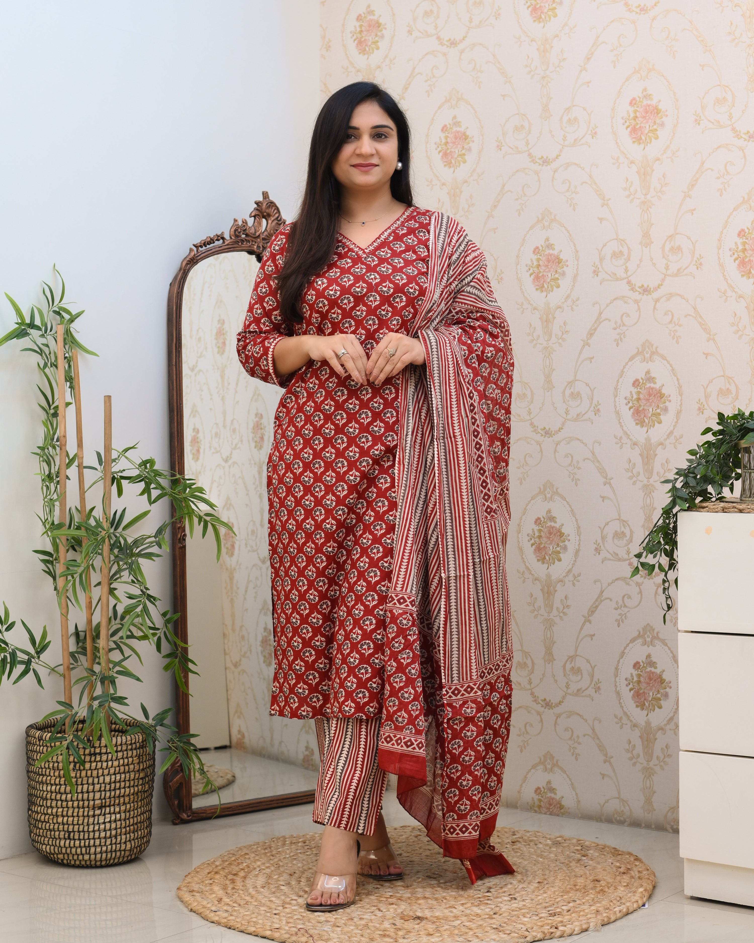 Mughal Print Cotton Straight Pant Suit