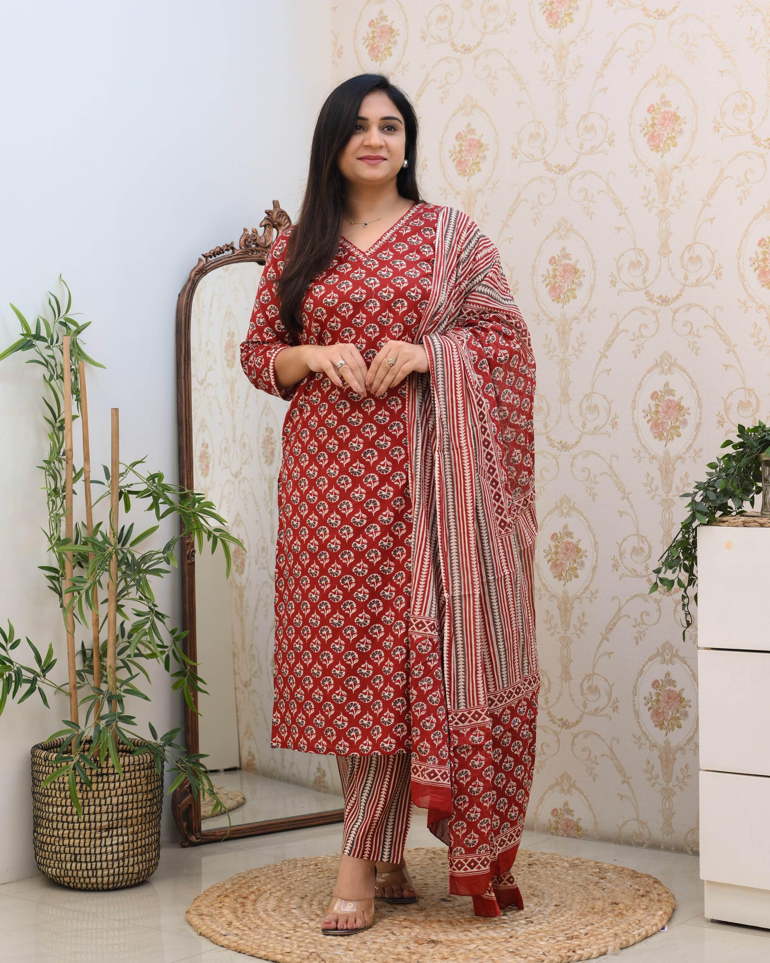 Mughal Print Cotton Straight Pant Suit