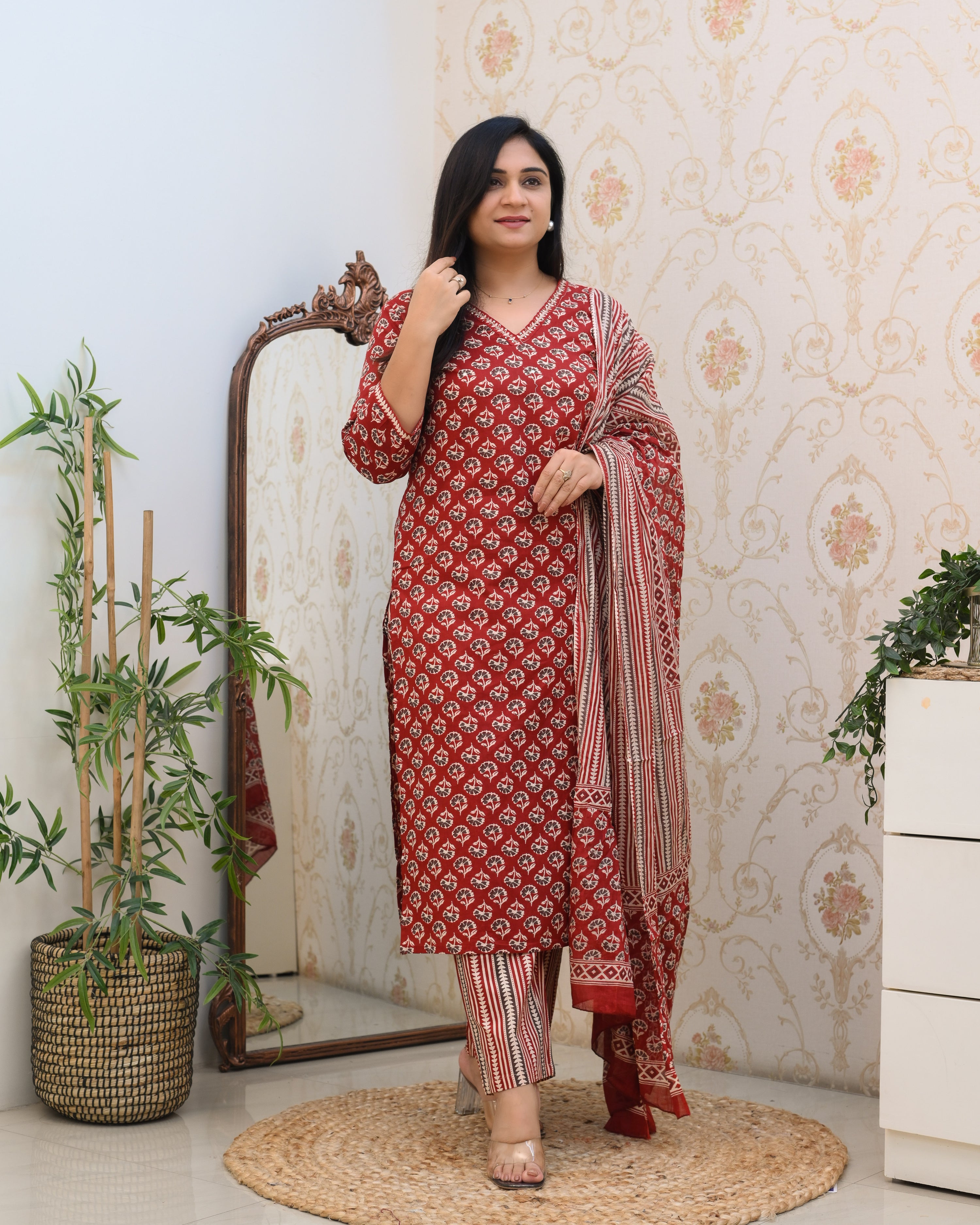 Mughal Print Cotton Straight Pant Suit