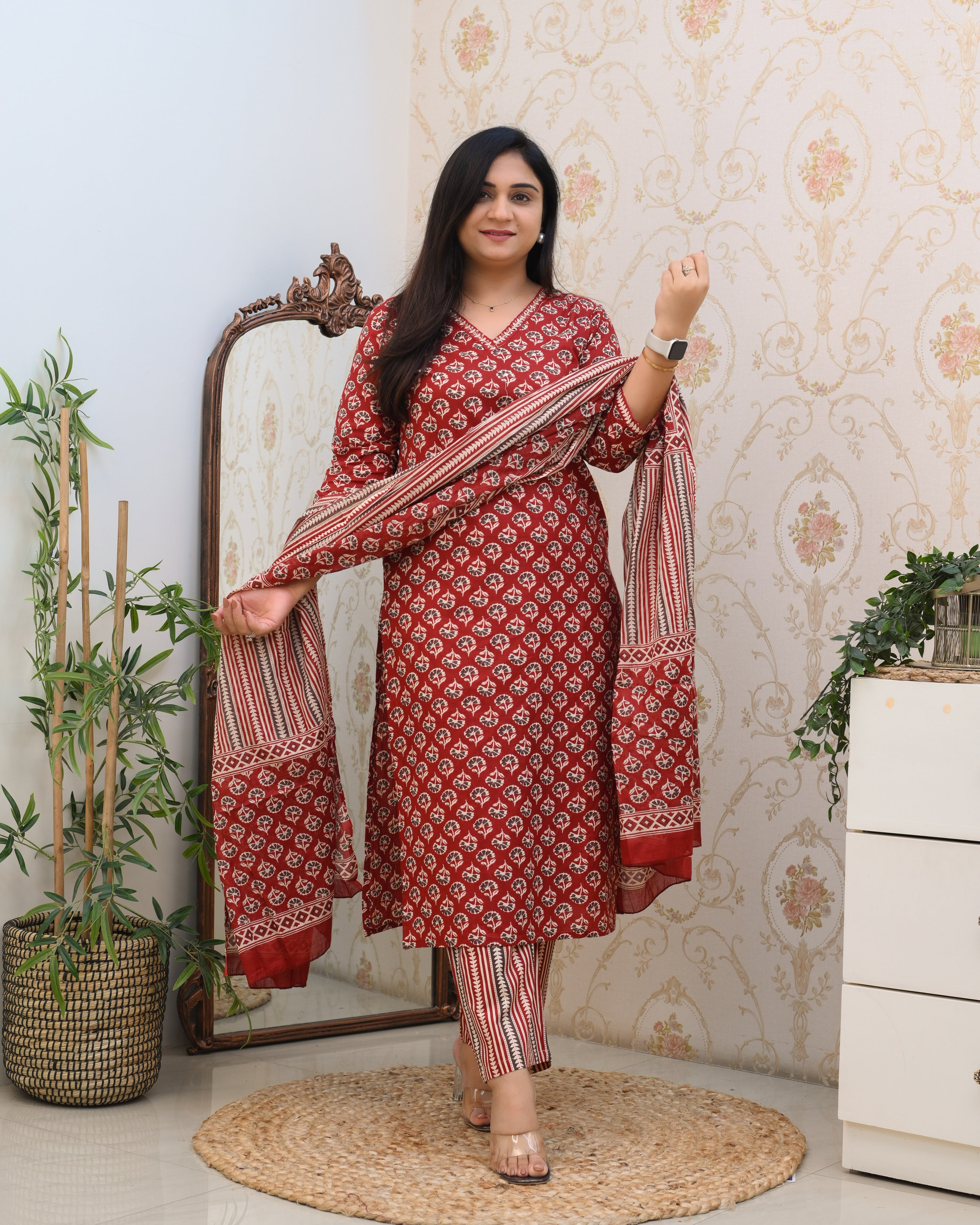 Mughal Print Cotton Straight Pant Suit