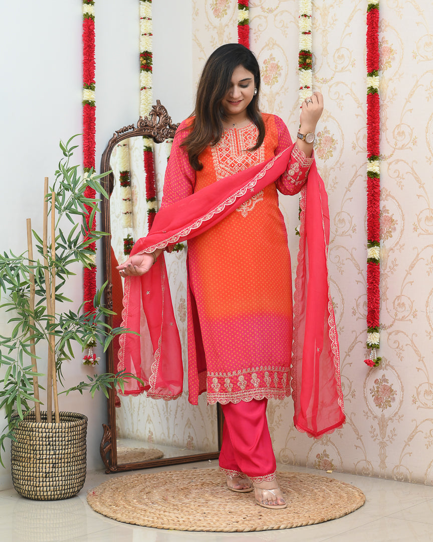 'Rangriti' Bandhani Premium Crepe Embrodiered Pant Set